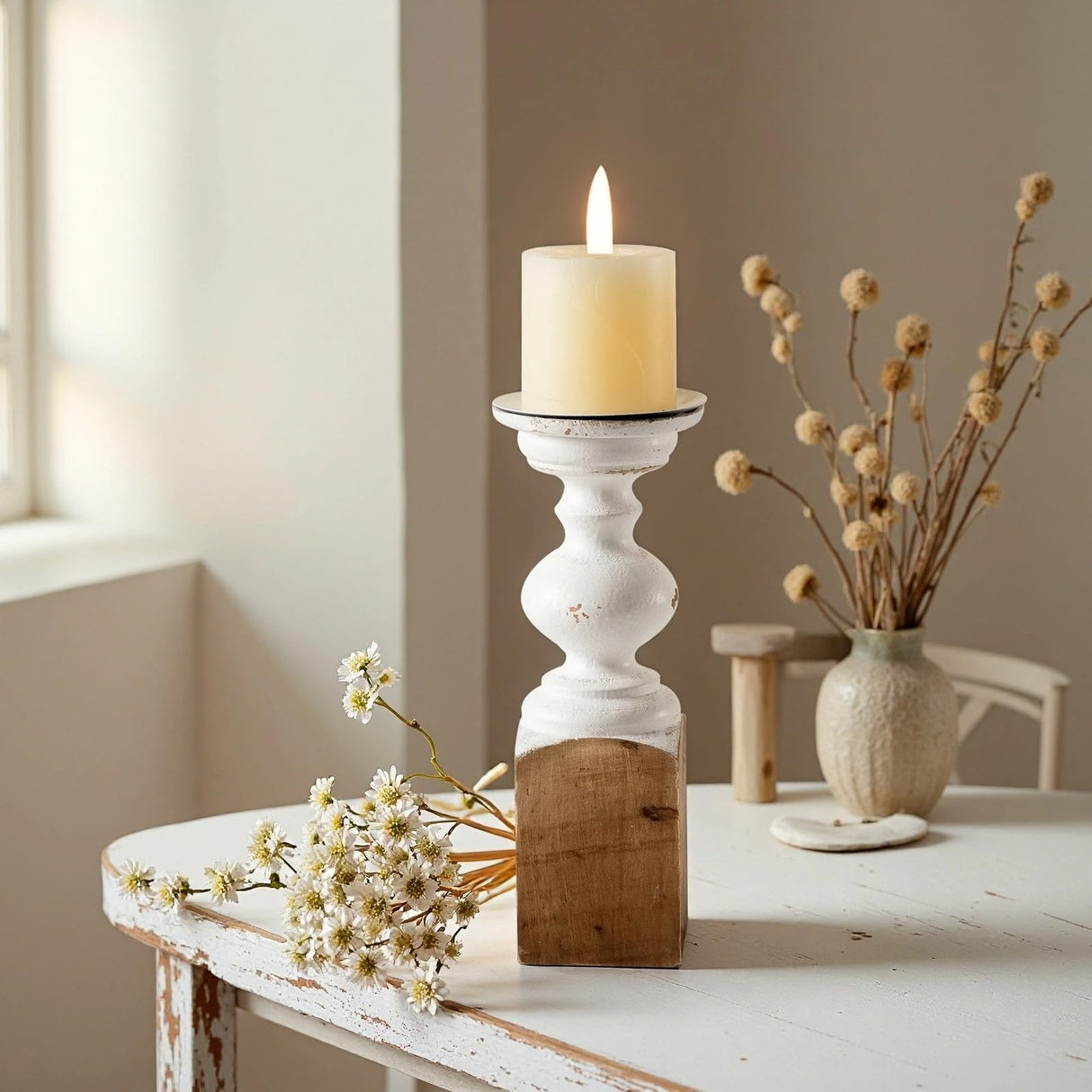 SOFE Wood Farmhouse Candle Holders, 11" Tall White Candle Holders for Pillar Candles, Rustic Candle Stand for Mantel, Coffee Centerpiece Table Decorations, Living Room, Dining Room Decor SOFE