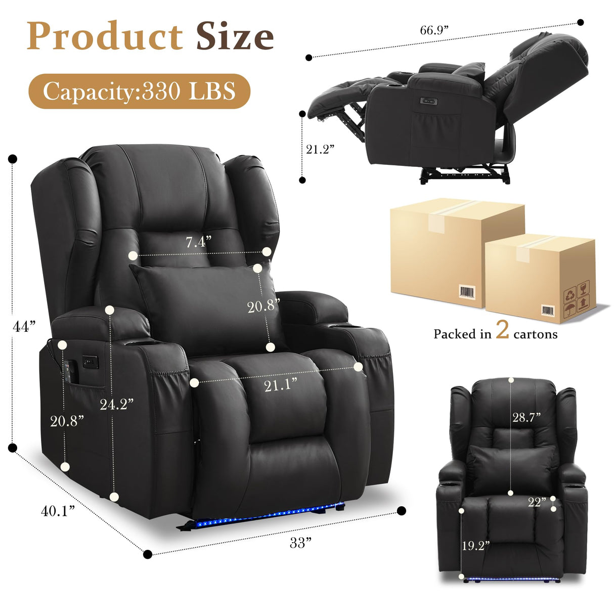 URRED Recliner Chair for Adults, Power Reclining Sofa Chair Home Theater Seating with Vibration Massage and Heat, LED Ambient Light, USB Ports, Cup Holders, Side Pockets (Black) URRED