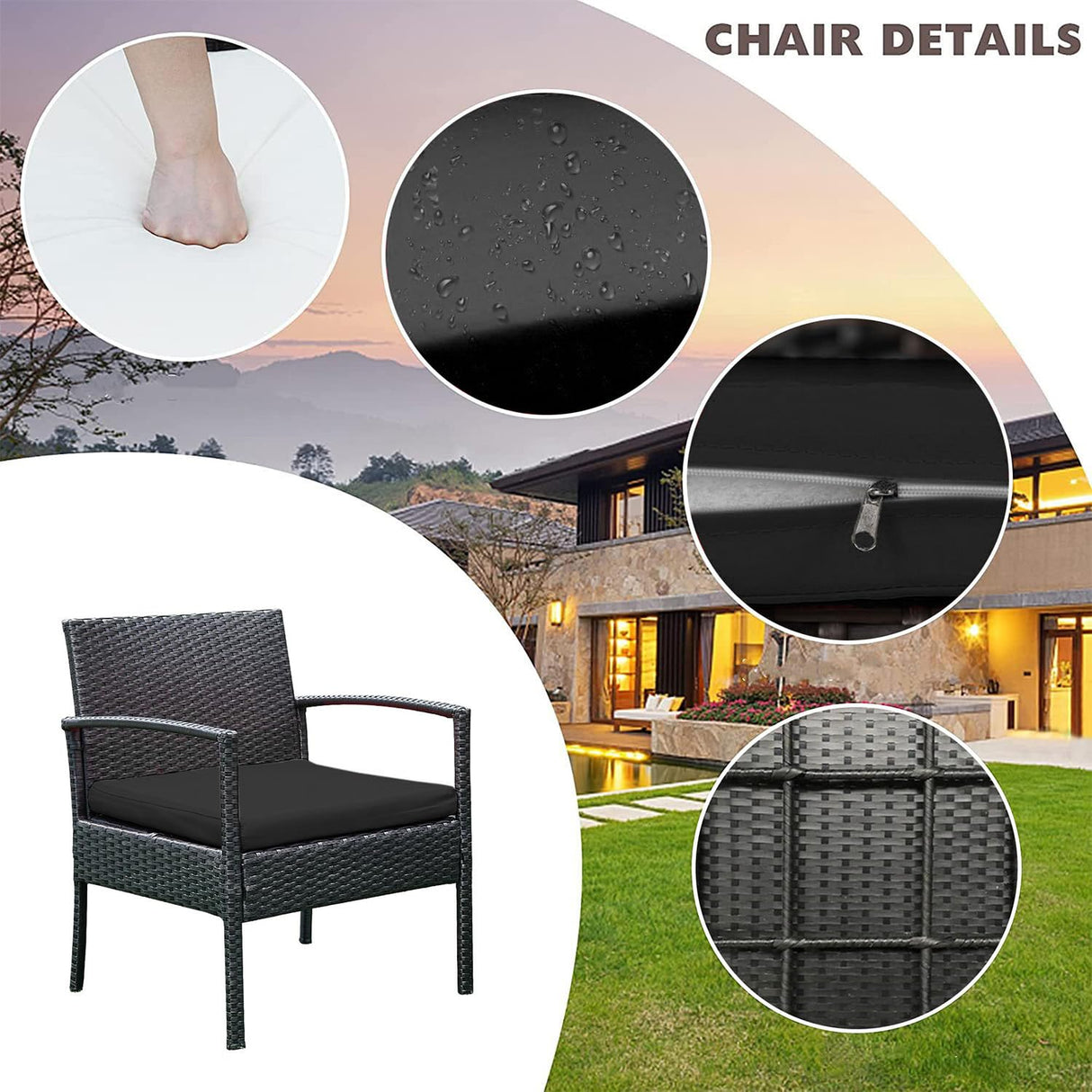 PROHIKER 3 PCS Patio Rattan Conversation Chairs Set, Outdoor Patio Furniture Balcony Furniture Set, Wicker Patio Set for Garden Porch Balcony Yard, Black PROHIKER