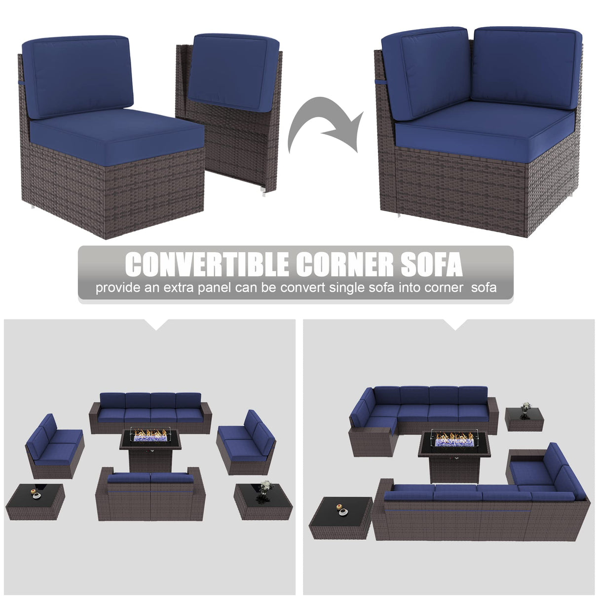 LayinSun 13 Pieces Outdoor Patio Furniture Set with 44" Fire Pit Table Brown Rattan Sectional Sofa Conversation Sets LayinSun