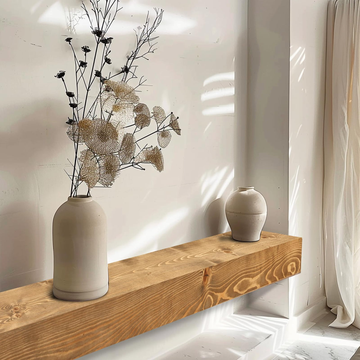 YLYHSST 60" Fireplace Mantel, 3'' Thick Handmade Rustic Solid Wood - Wall Long Floating Shelf with Invisible Metal Bracket, Wood Color YLYHSST