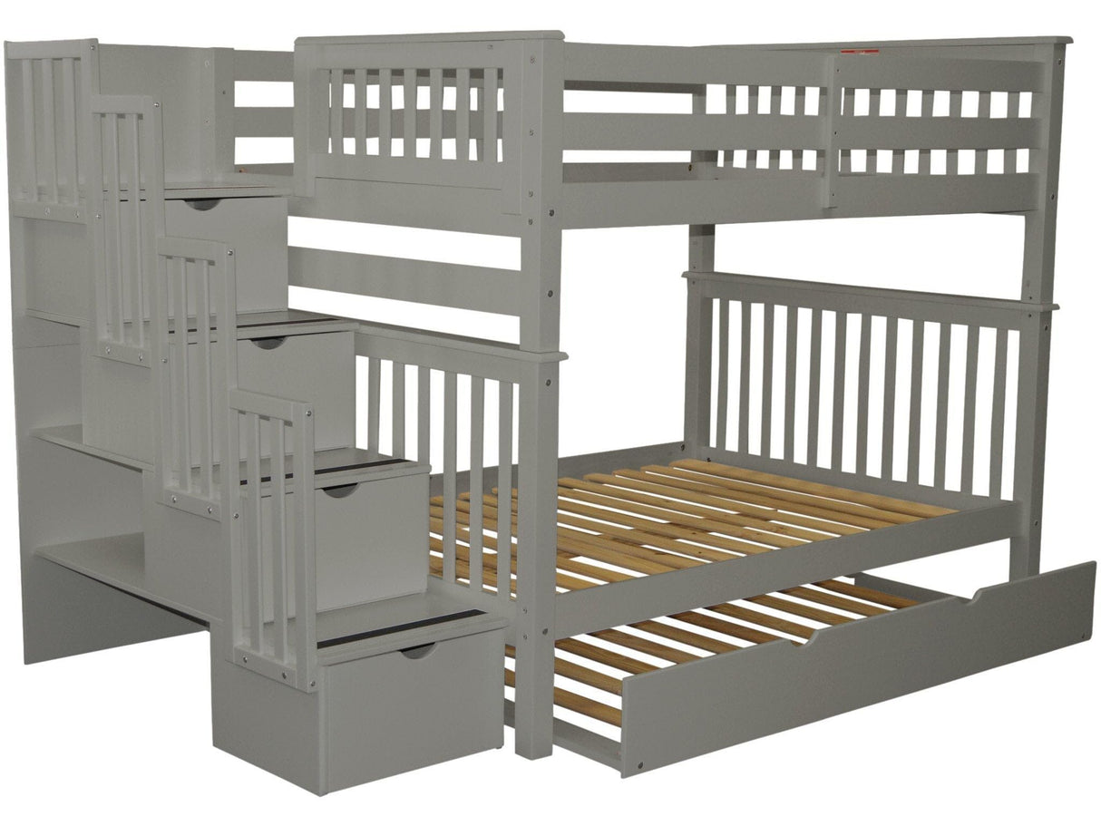 Bedz King Bunk Beds Full over Full with 4 Drawers in the Steps and a Twin Trundle, Gray Bedz King