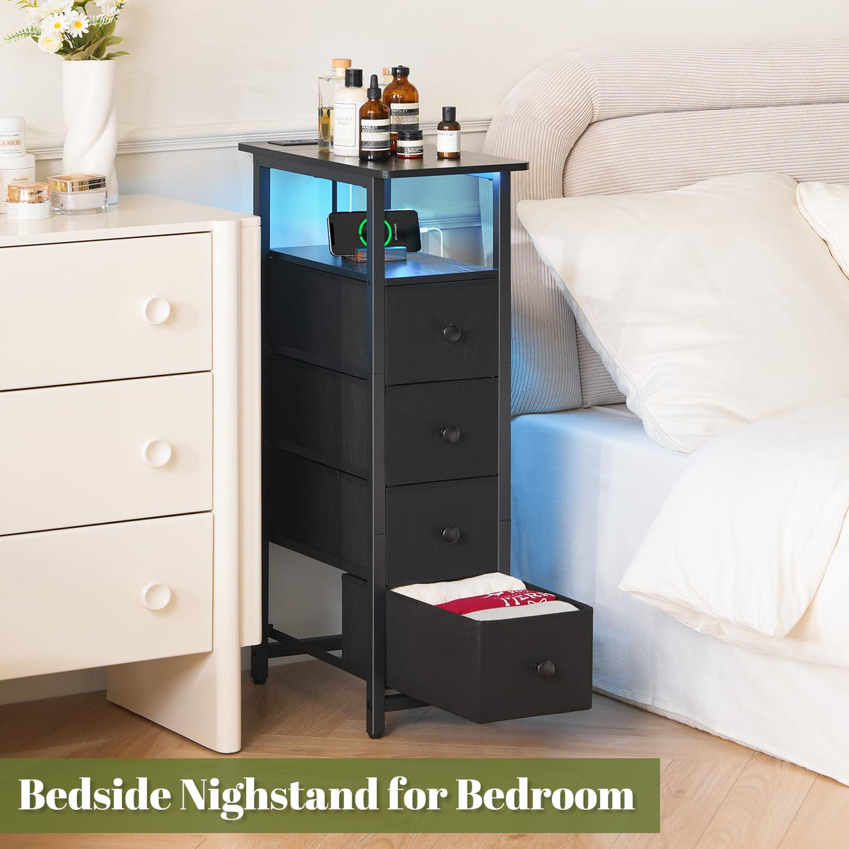 Yoobure Narrow Dresser for Bedroom, LED Skinny Nightstand with Charging Station, Small Dresser Night Stand, Slim Tall Bedside Table Storage Cabinet, Narrow Side Table for Small Spaces Yoobure