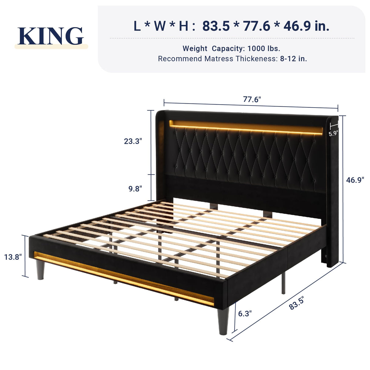 Allewie Upholstered King Size Platform Bed Frame with LED Light and Charging Station, Button Tufted High Headboard, Wingback Design, Noise Free, Easy Assembly, No Box Spring Needed, Black Allewie