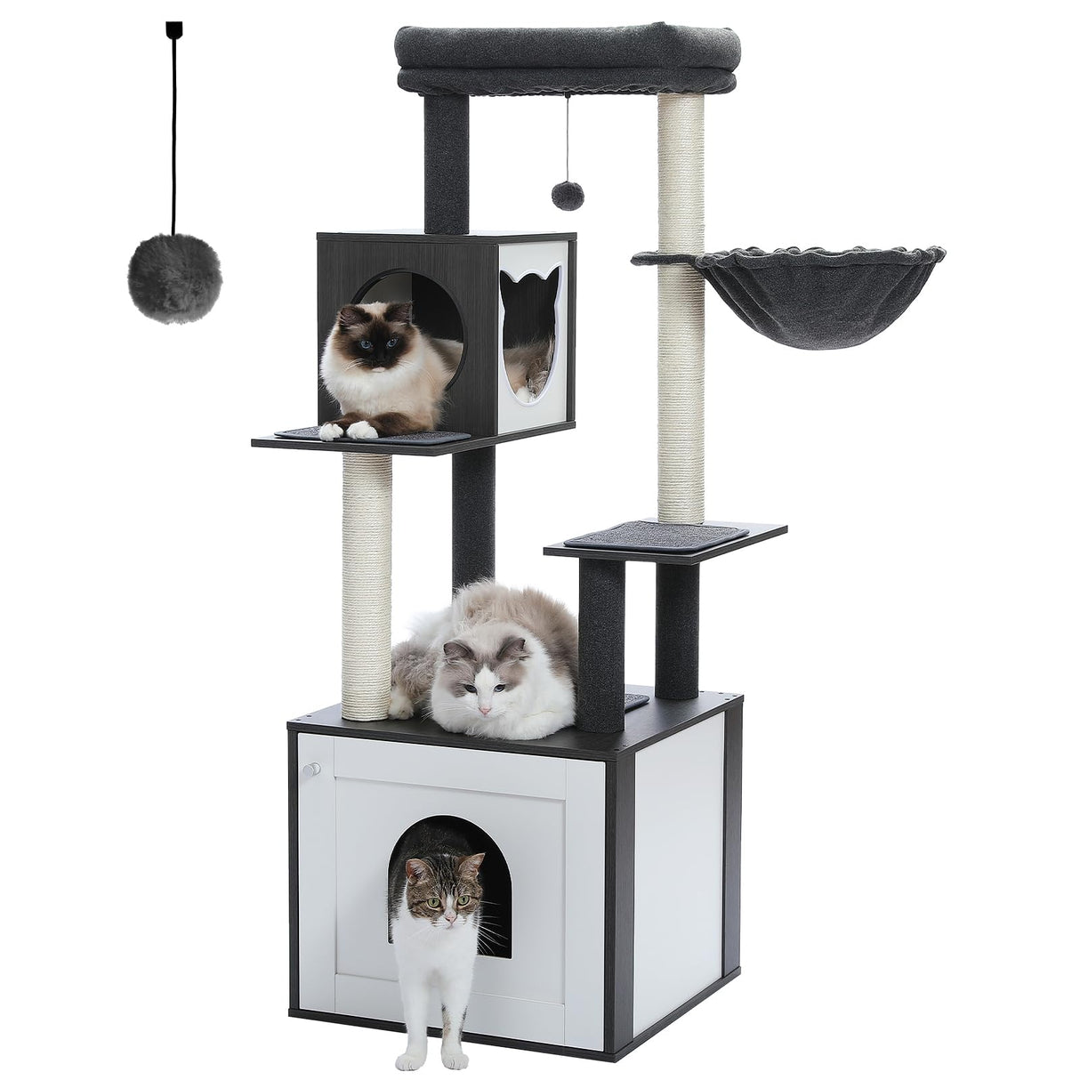 PETEPELA 56.7" Cat Tree with Litter Box Enclosure Large, Wood Cat Tower for Indoor Cats with Storage Cabinet and Cozy Cat Condo, Sisal Covered Scratching Post and Repalcable Dangling Balls, Black PETEPELA