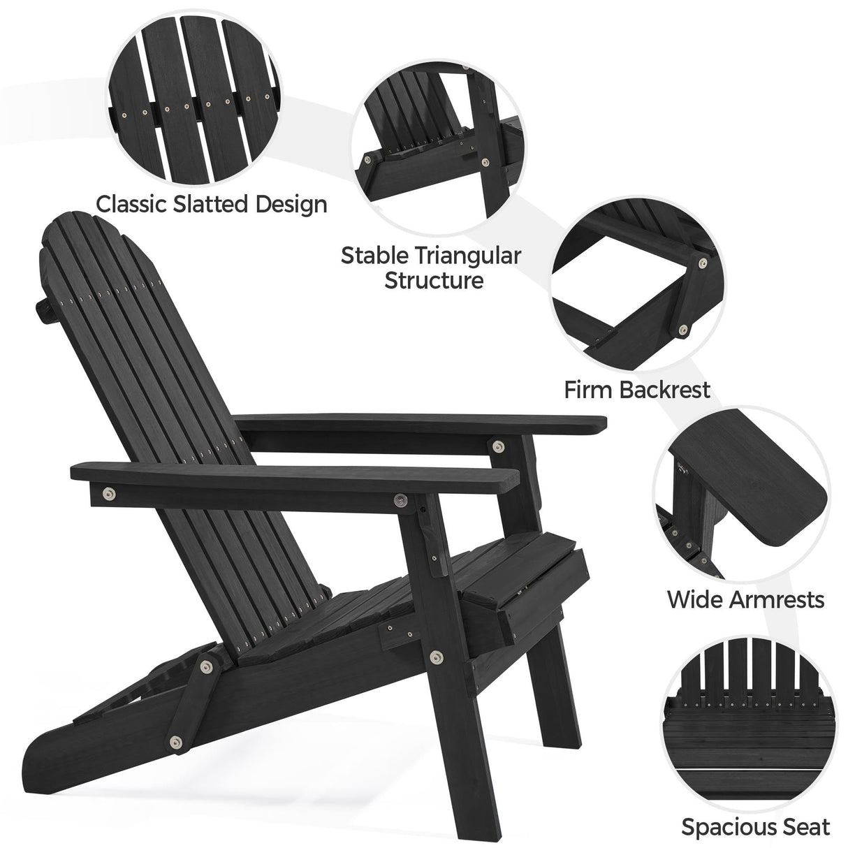 Yaheetech Folding Adirondack Chair Set of 6 Outdoor, 300LBS Solid Wood Garden Chair Weather Resistant, Fire Pit Lounge Chairs for Garden/Yard/Patio/Lawn, Black Yaheetech