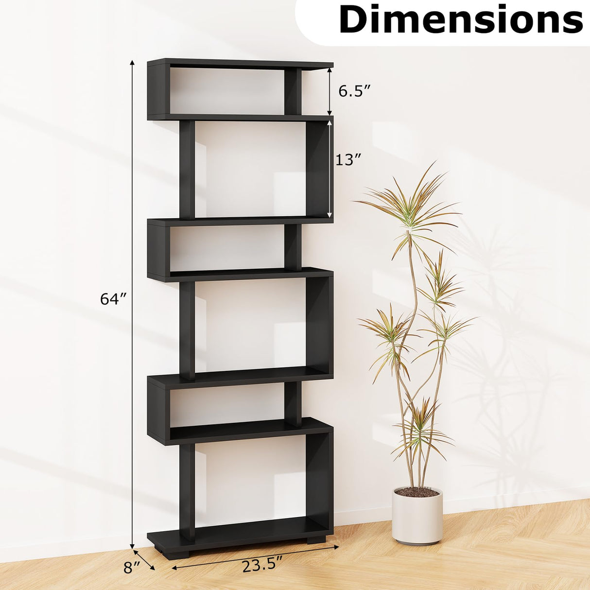 Tangkula 6-Tier S Shaped Bookcase, 64" Tall Modern Geometric Bookshelf with Anti-Tipping Kit, Home Office Freestanding Decorative Storage Display Shelf Room Divider for Living Room Study (1, Black) Tangkula
