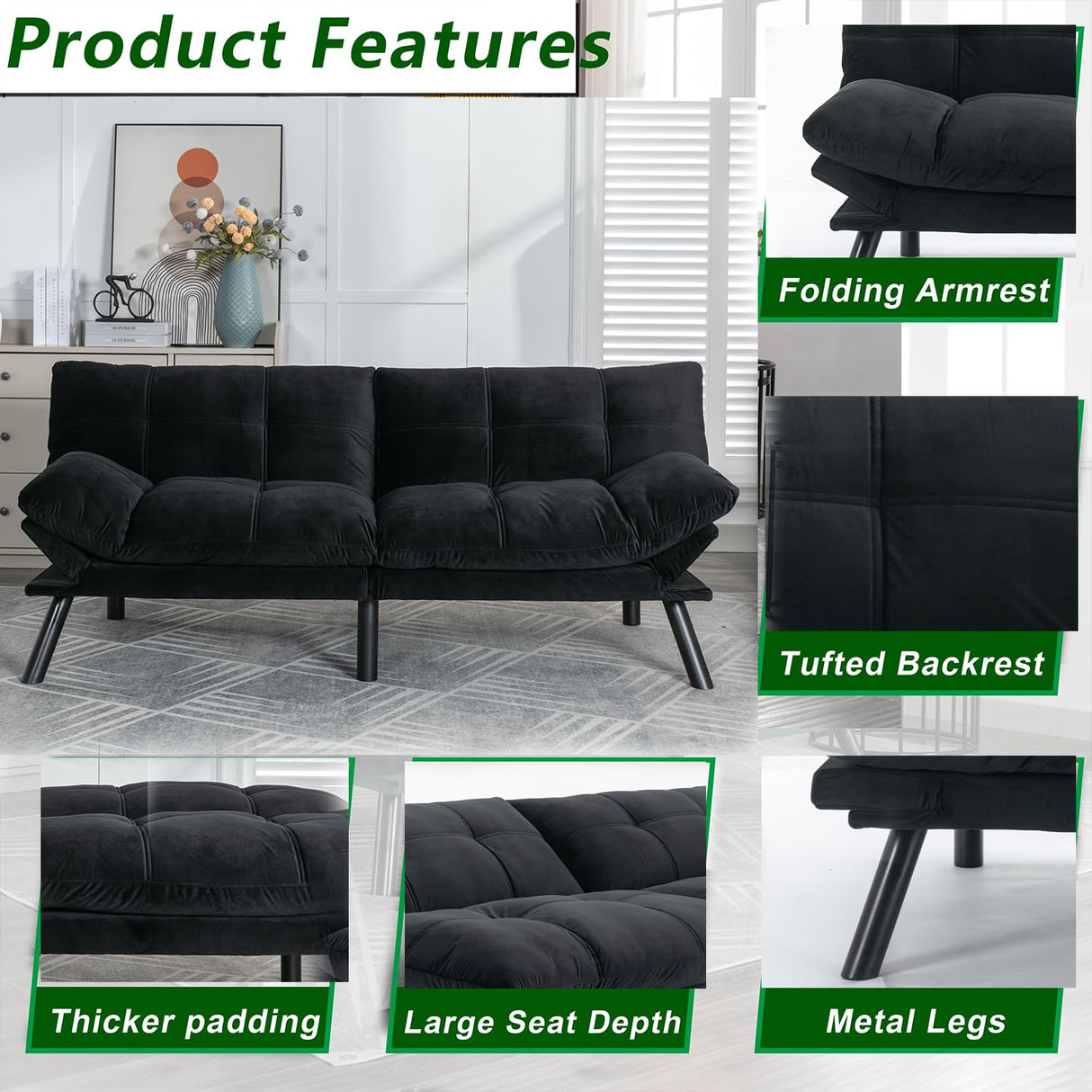 Modern Velvet Convertible Folding Futon Couch Sofa Bed Adjustable Pillow Top Arm Memory Foam Couch Double Loveseat Sofa for Compact Living Space,Dorm,Game Studio,Apartment,Bedroom (Black) Klwenas Maec