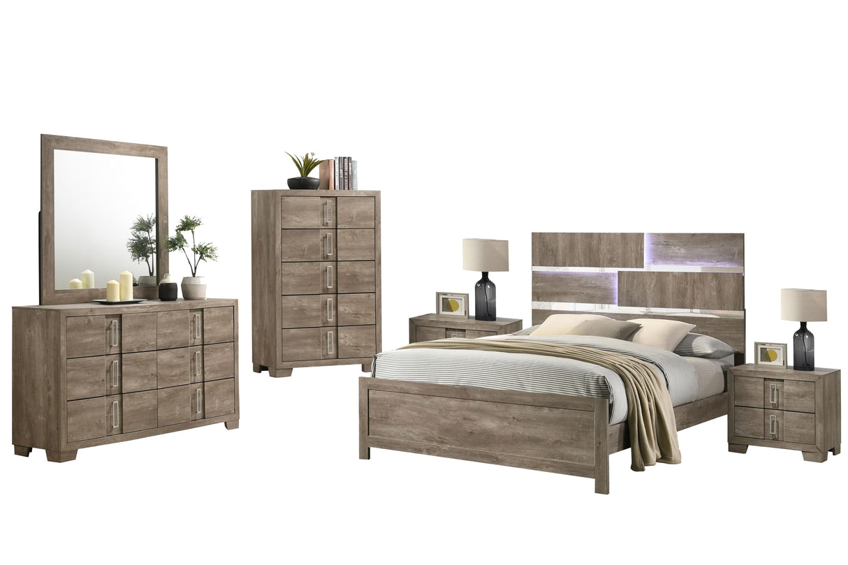 Kings Brand Furniture Dawson Modern 6-Piece Queen Size Farmhouse Style Bedroom Set in Light Brown Finish - Bed with LED Lights, Dresser, Mirror, Chest & 2 Nightstands Kings Brand Furniture