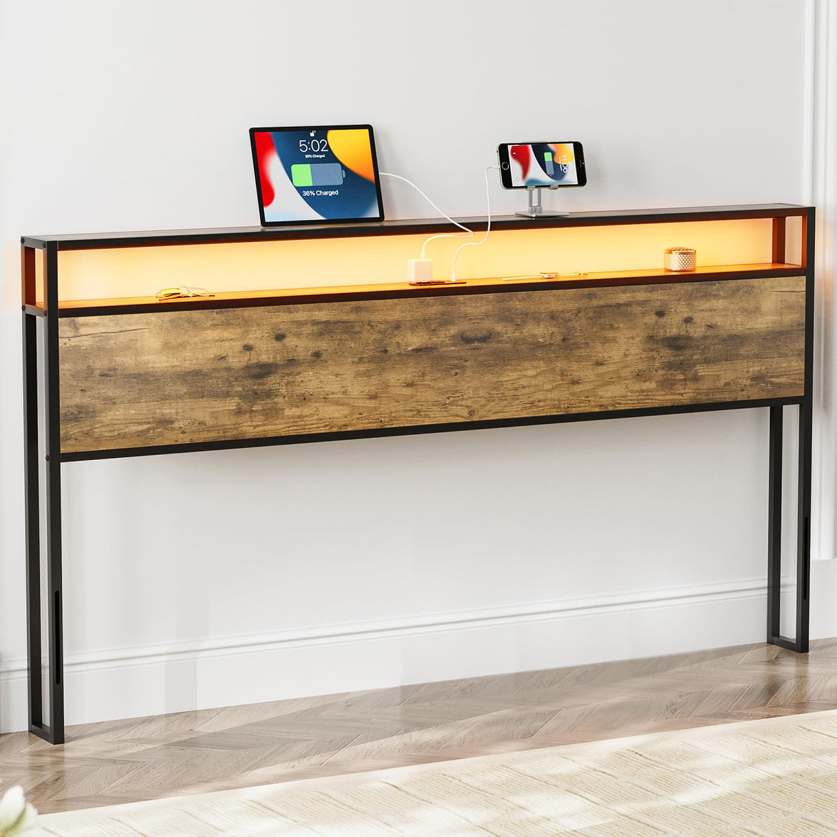 KZNGK King Size LED Headboard with Charging Station and Industrial Storage Design KZNGK