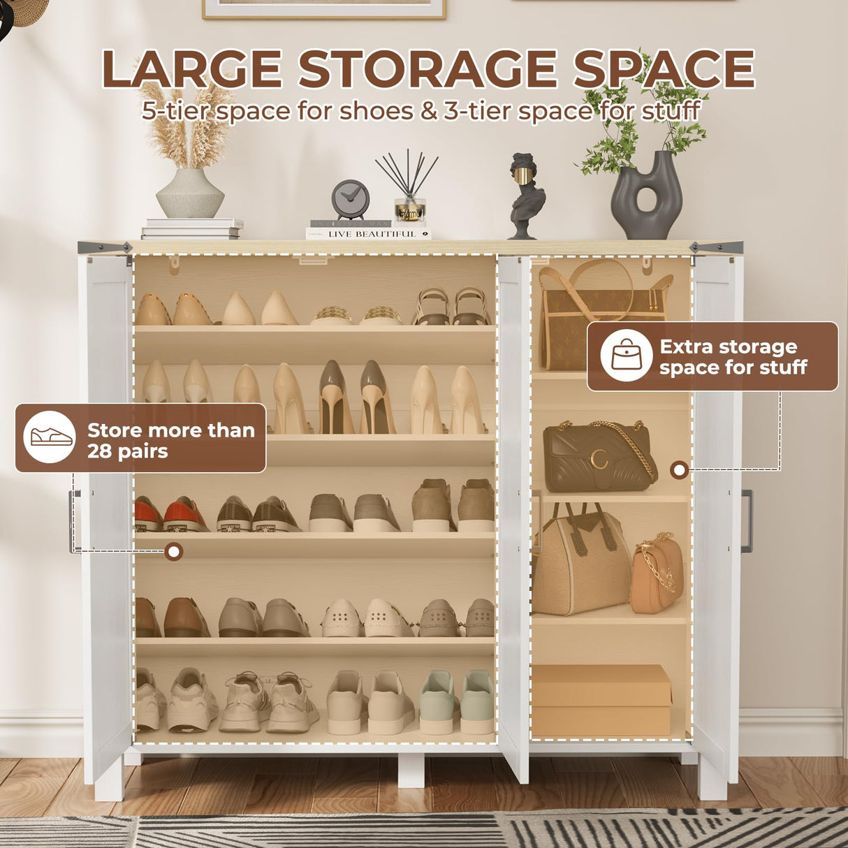 5-Tier Shoe Storage Cabinet, Farmhouse Shoe Rack Organizer Cabinet with 4 Adjustable Shelves & Side Cabinets, Freestanding Shoe Cabinet Storage with Anti-tip Fitting for Entryway, 46.1L×13.7W×40.6H ALLSTAND