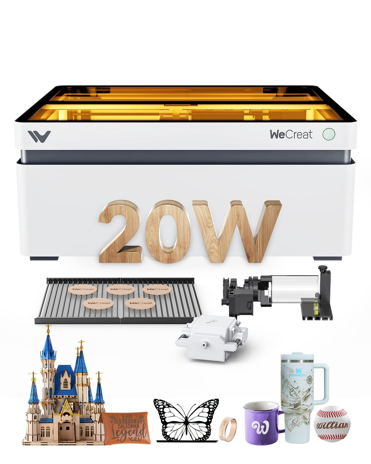 WECREAT Vision 20W(20,000mW) Laser Engraver, 4-in-1 Desktop Diode Laser Engraver and Cutter with Rotary, Smart Camera, Auto-Lifting Enclosure, Air Assist and Laser Bed for Wood Acrylic Metal WECREAT