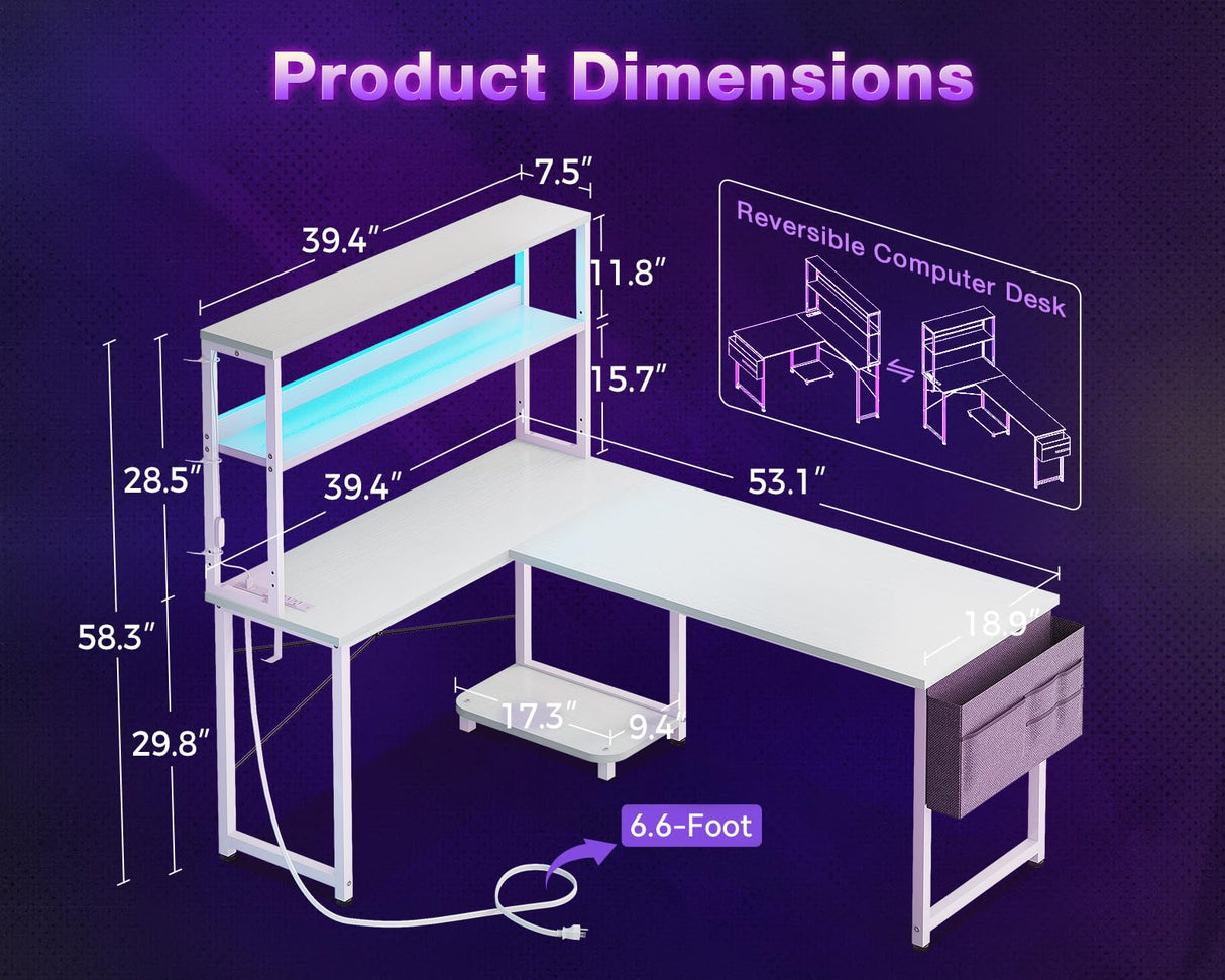 ODK 53 Inch L Shaped Desk with LED Lighting, Reversible Gaming Desk with Power Outlets, Cornor Computer Table with Storage Shelves & Bag & Iron Hook, Home Office Table for Writing, Study, White ODK
