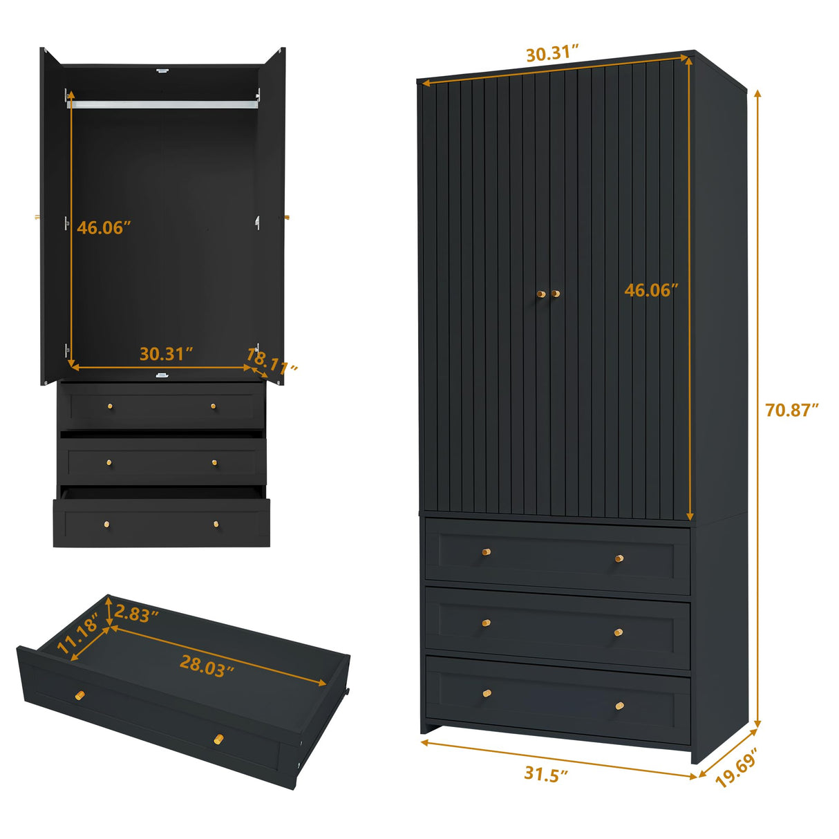 PHOYAL 71" Wardrobe Closet Armoire, Wardrobe Armoire Wooden with 2 Doors, 3 Drawers Household Freestanding Wooden Closet Storage Cabinet for Bedroom (Black) PHOYAL