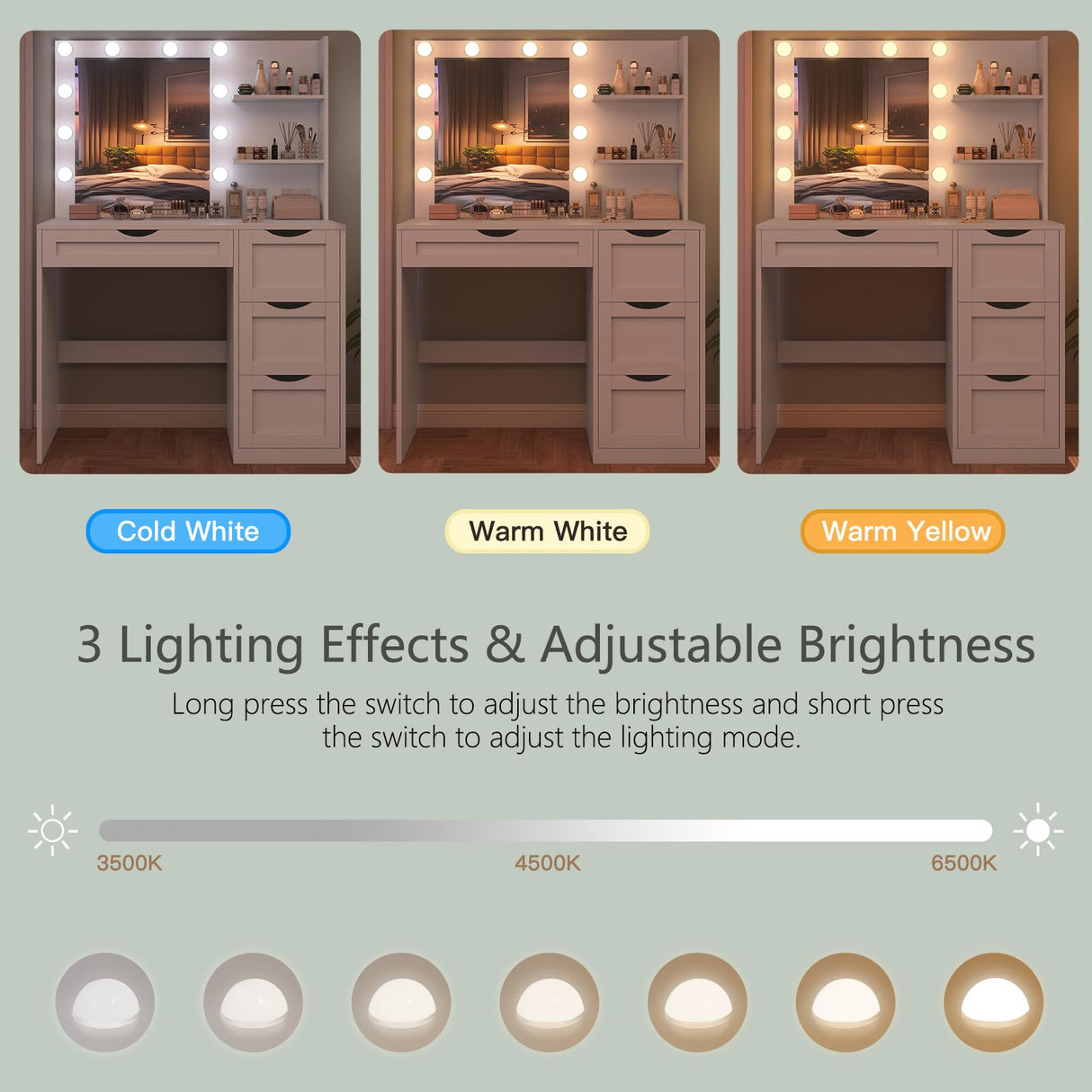 usikey Makeup Vanity Desk with Mirror and 10 LED Lights, Makeup Vanity Table with 4 Drawers, Vanity Desk Dressing Table with 2 Storage Shelves, 3 Color Modes Adjustable Brightness for Bedroom,White usikey