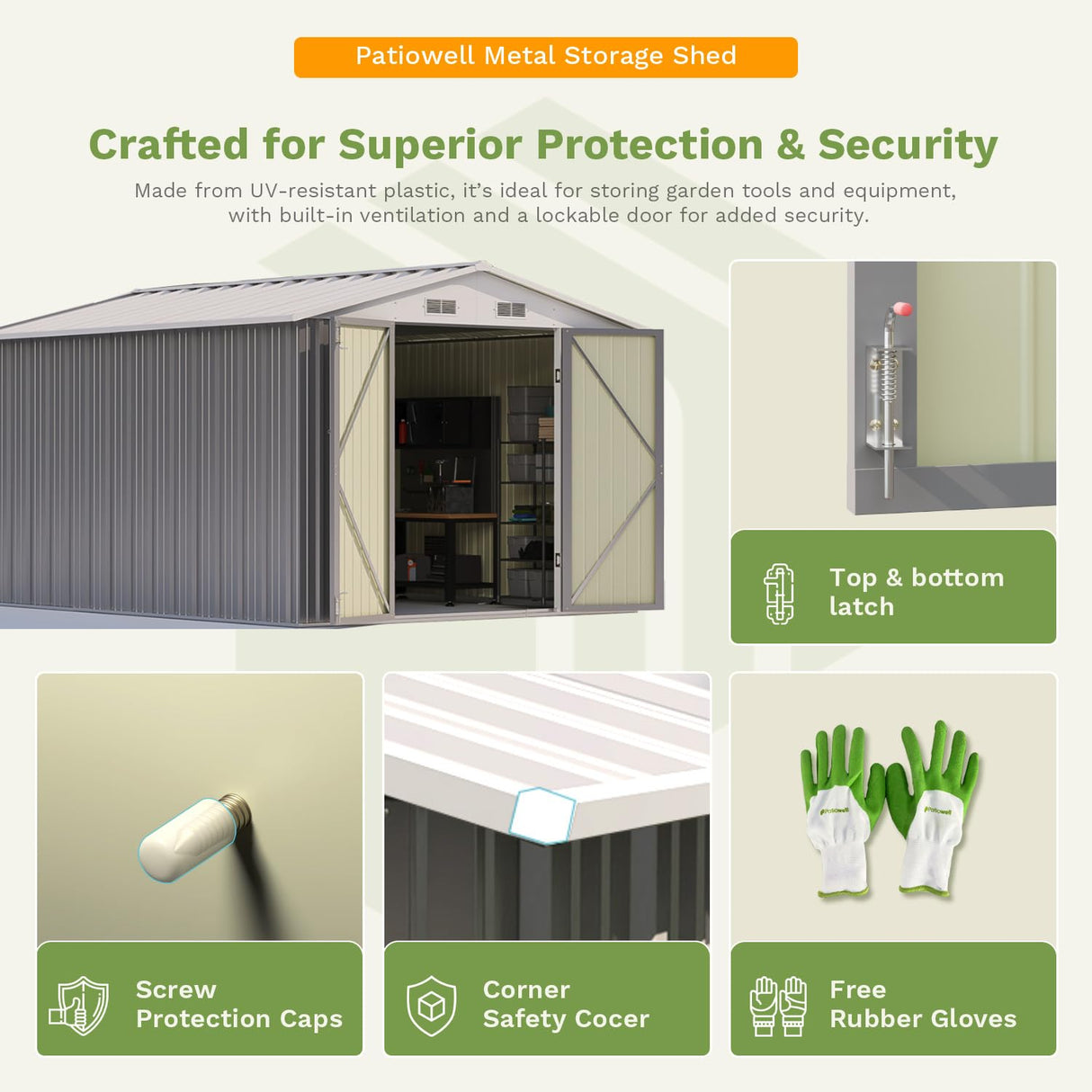 Patiowell 10 x 12 FT Metal Storage Shed for Outdoor, Steel Yard Shed with Design of Lockable Doors, Utility and Tool Storage for Garden, Backyard, Patio, Outside use, Gray Patiowell