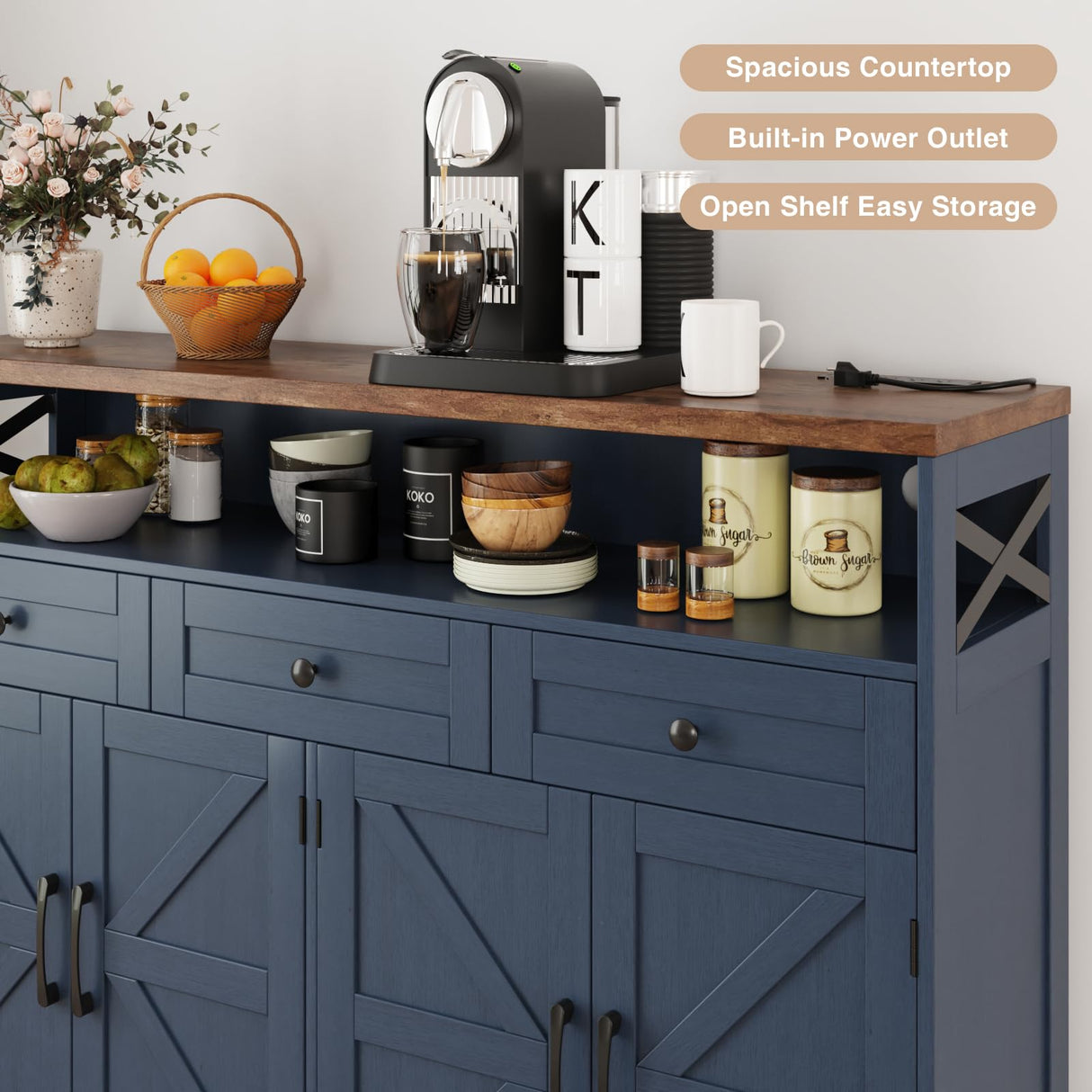 Befrases Farmhouse Buffet Cabinet with Drawers & Open Shelf, Sideboard with Storage, Kitchen Pantry Cabinet Hutch, Coffee Bar Station for Kitchen, Livingroom, 52" L Blue Befrases