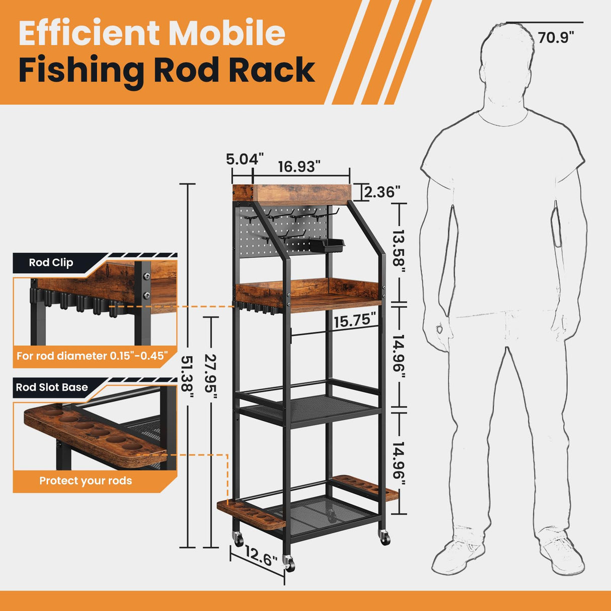 KITIVIALA Fishing Rod Holder for Garage with Hooks & Pegboard, 3-Tier Fishing Pole Rack Holds 12 Rods, Rolling Fishing Rod Storage Organizer with Wooden Tool Box, Fishing Tackle Shelf for Anglers KITIVIALA