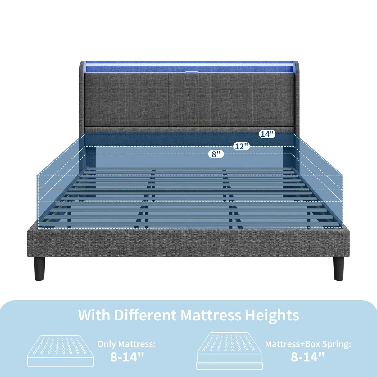 SLEKVERSA Queen Size Bed Frame with LED Lights and Charging Station, Fabric Upholstered Platform Queen Bed Frame with Headboard, No Box Spring Needed Bedframe, Noise Free, Easy Assembly, Gray SLEKVERSA