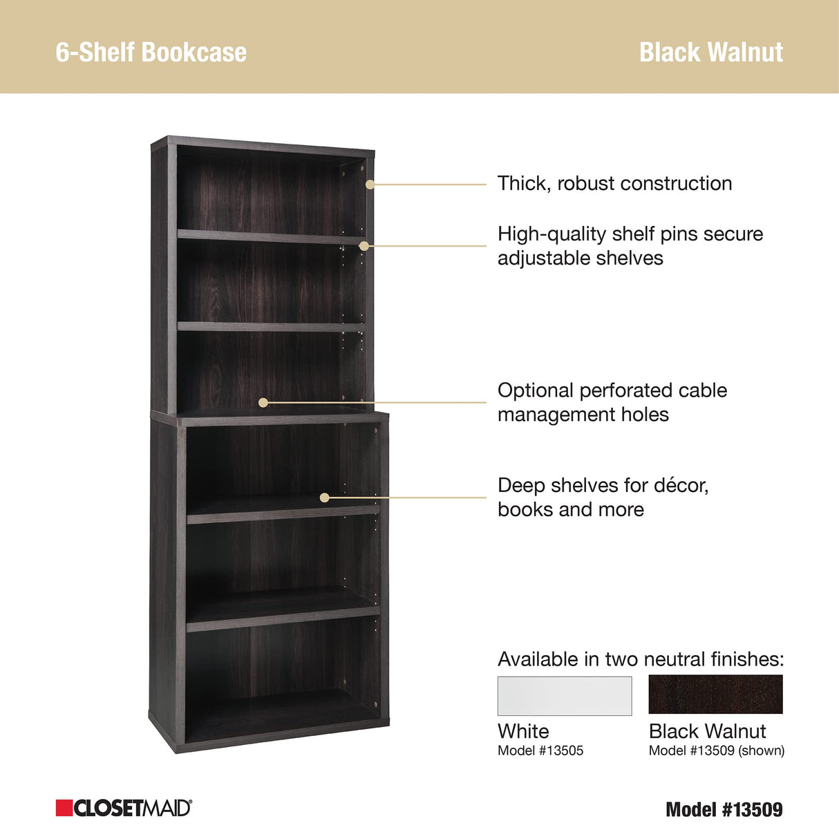 ClosetMaid Bookshelf Tiers, Adjustable Shelves, Tall Bookcase Sturdy Wood with Closed Back Panel, Black Walnut Finish, 6-Shelf Hutch ClosetMaid