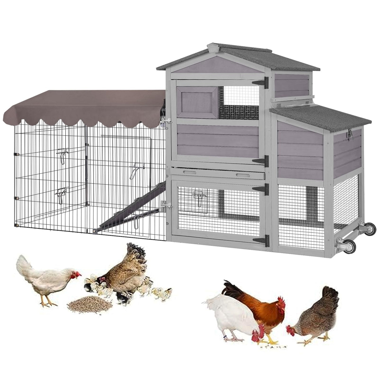 SUUMERPETY Chicken Coop Outdoor,Wooden Chicken House with Metal Chicken Run,Mobile Hen House with Nesting Box,Outdoor Poultry Cage for Yard Farm Use Suumerpety
