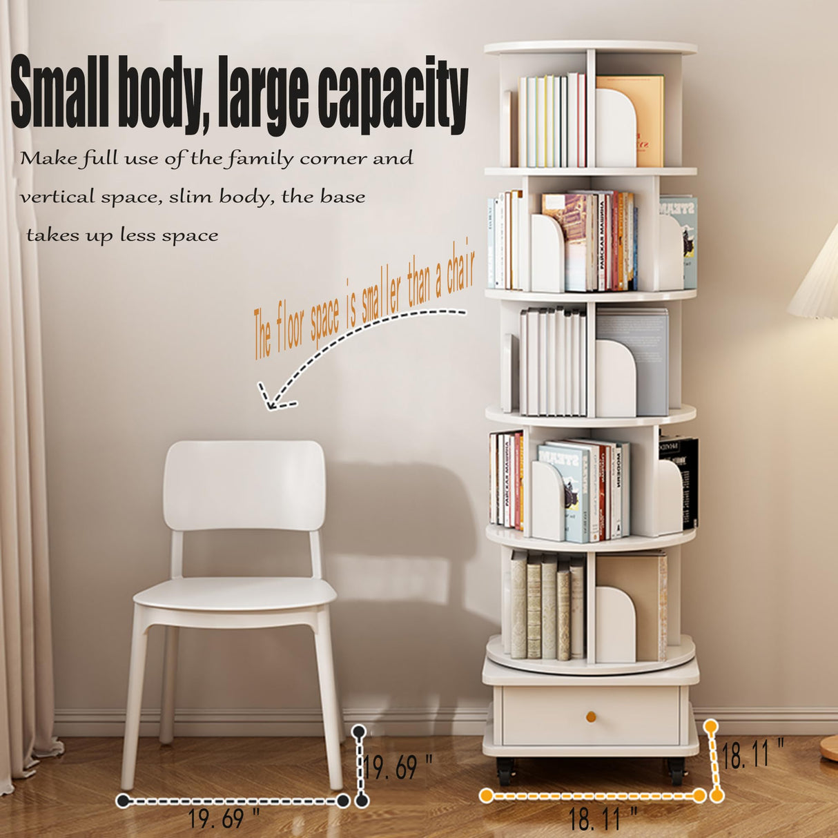 TruRim 360° Rotating Small Space Bookshelf – White Wooden Tower with Six-Tier Storage for Home Use TruRim