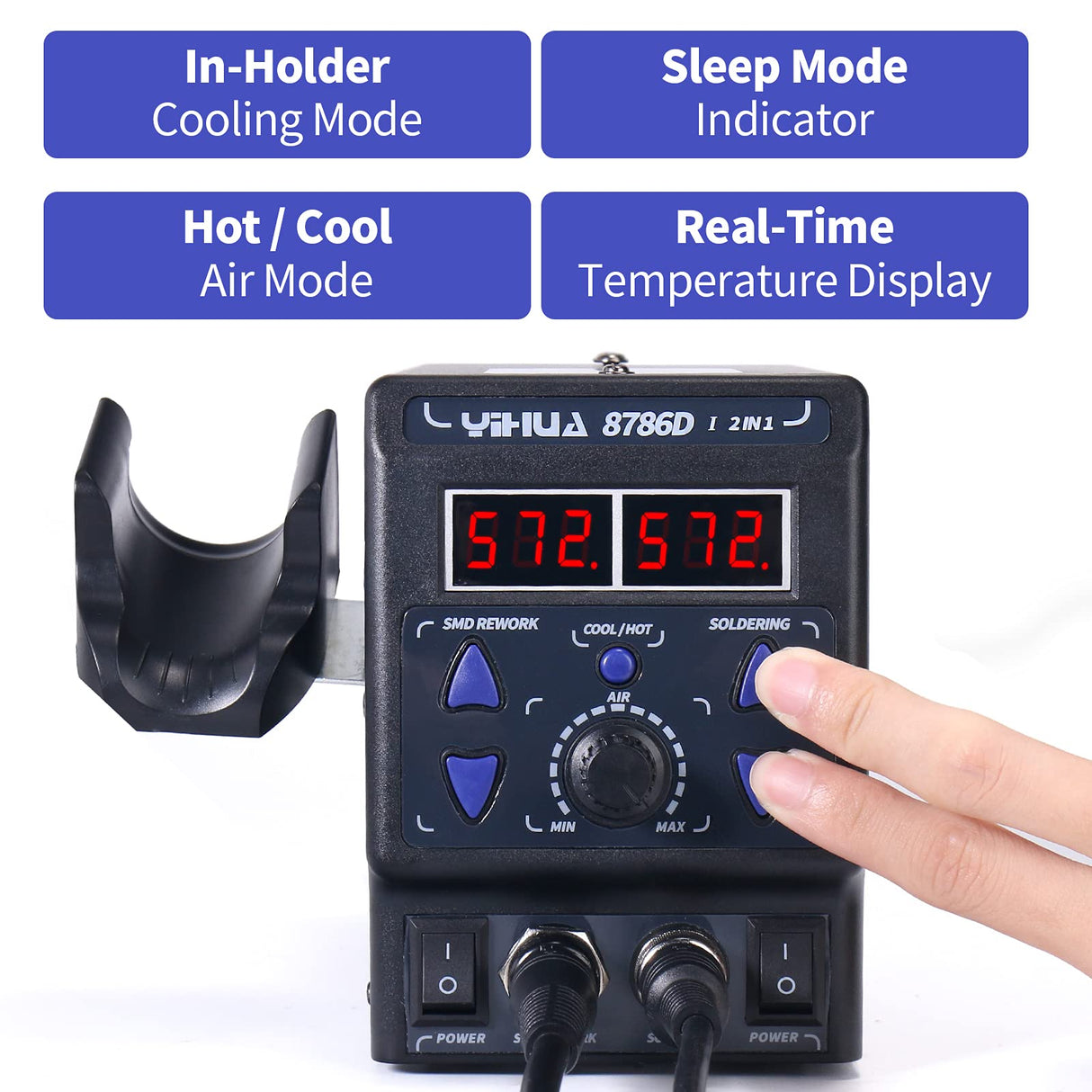 YIHUA 8786D I 2 in 1 Hot Air Rework and Soldering Iron Station with °F /°C, Cool/Hot Air Conversion, Digital Temperature Correction and Sleep Function YIHUA
