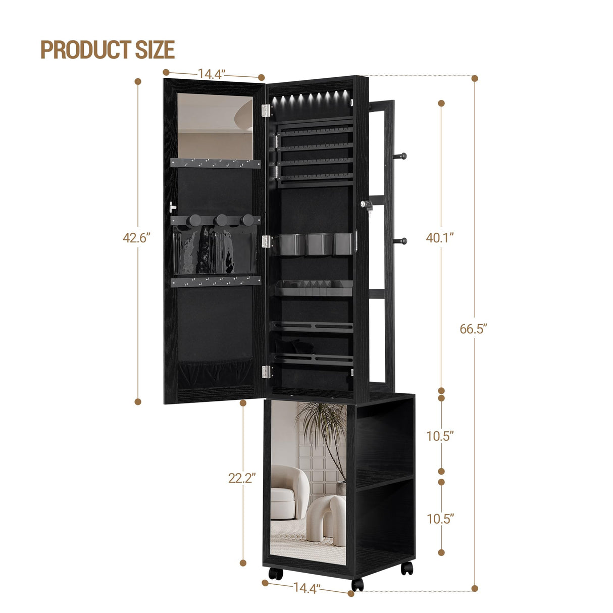 Hzuaneri 8 LEDs Jewelry Cabinet Armoire, 64.8-inch Jewelry Organizer with Garment Rack, Lockable Full-length Mirror with 4 Wheels, Storage Shelves with Hooks, 5-in-1, Black JC17004B Hzuaneri