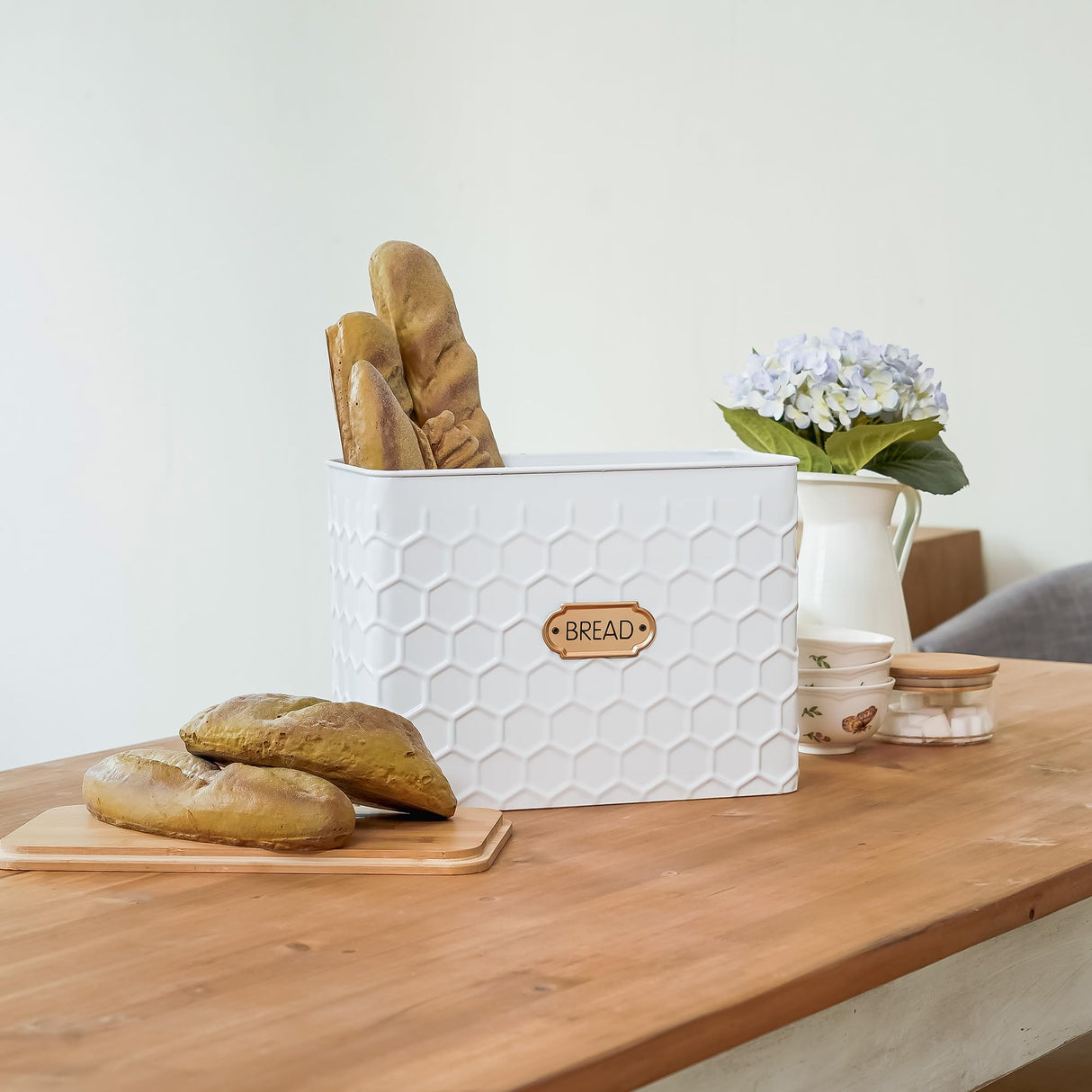 NIKKY HOME Extra Large Space Saving Farmhouse White Bread Box With Bamboo Lid - Holds 2 Loaves - Vertical Breadbox Bread Storage Bin Holder for Kitchen Countertop, Honeycomb Embossed Pattern NIKKY HOME