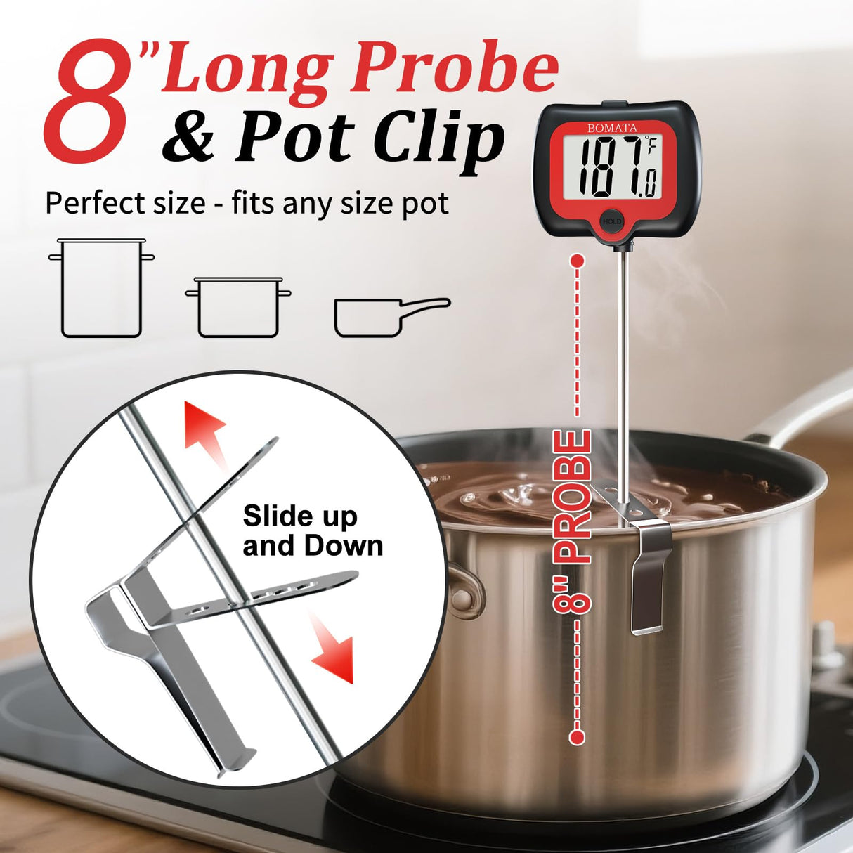 BOMATA Candy Thermometer with Pot Clip, Instant Read Cooking Thermometer with 8" Long Probe, Rotating Display, for Candy Making, Food, Candle Making, Liquids, Water, Baking, Sugar, Grilling. Black BOMATA