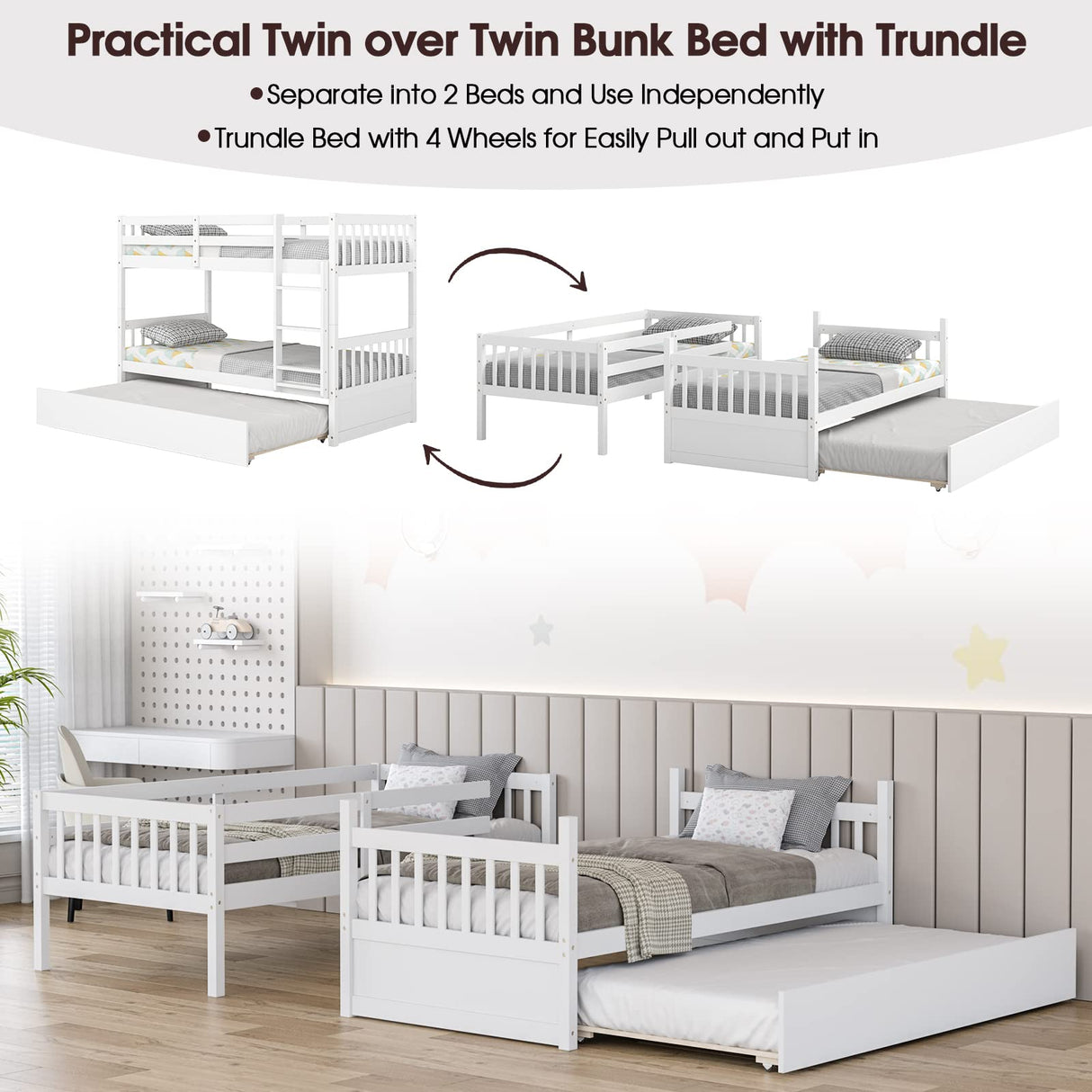 Giantex Twin Over Twin Bunk Bed with Trundle, Convertible Platform Bed Frame with Ladder & Solid Wood Frame, Space-Saving Bunk Bed for Teens & Adults, No Box Spring Needed, White Giantex