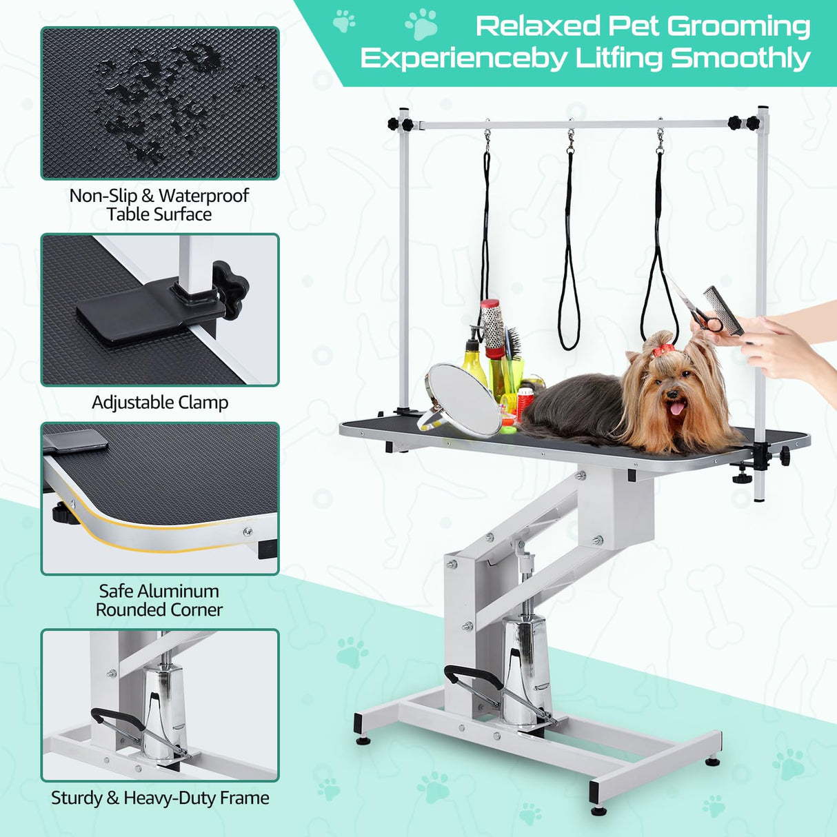 43.3" Hydraulic Dog Grooming Table for Pet, Heavy Duty Structural Hydraulic Max Load 350Lbs Professional Pet Grooming Table with Adjustable Overhead Arm & Noose Height Range 22''-39'' (WHITE) Garvee