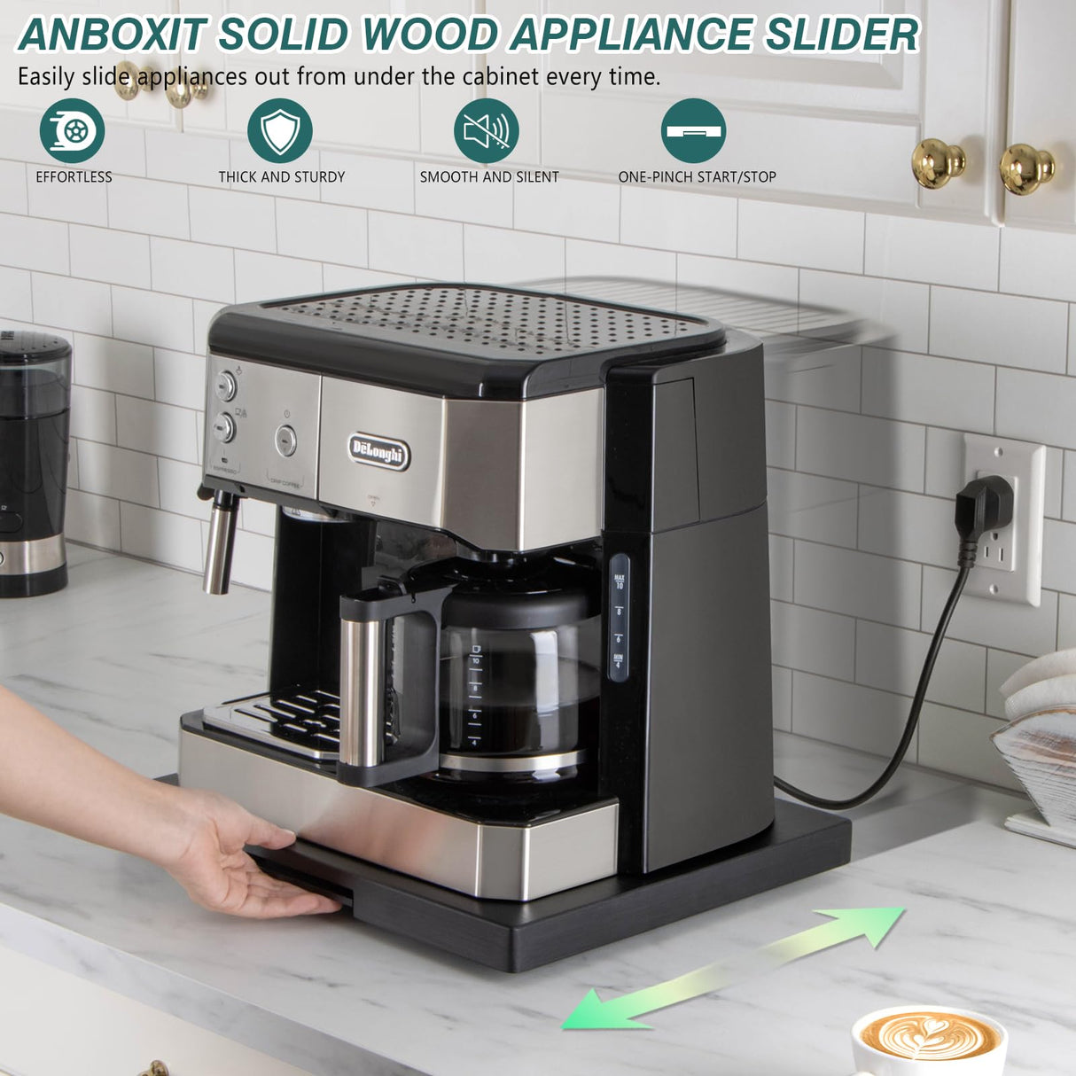 ANBOXIT Appliance Slider, Wooden Sliding Tray for Coffee Maker, Coffee Pot Slider for Counter, Kitchen Caddy Rolling Tray (Classic Black- Wide) ANBOXIT