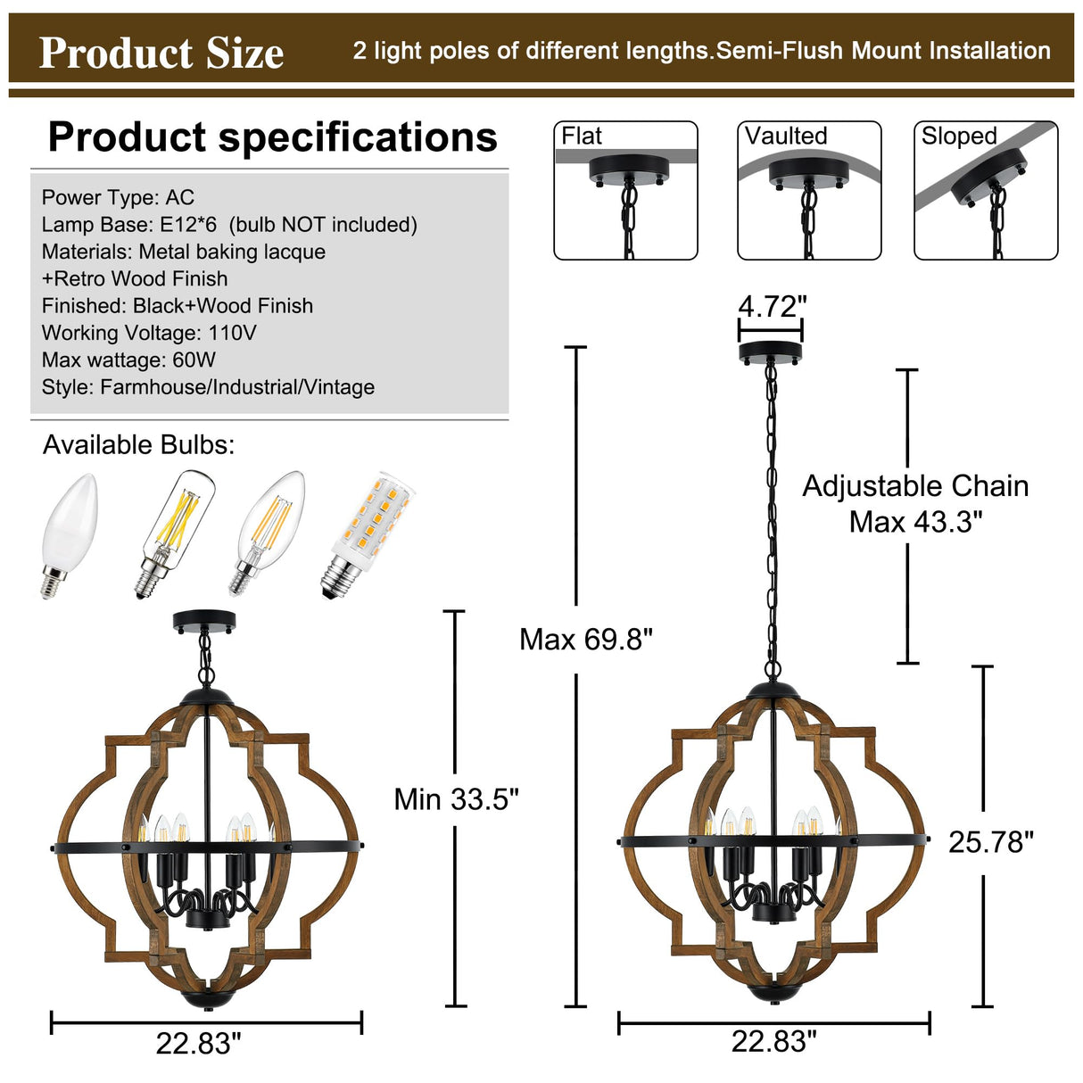 Faibra 6-Light Farmhouse Wood Pendant Light,22.83'' Vintage Rustic Brown Oak Wood Chandeliers,Retro Industrial Hanging Light Fixtures for Dining Room Entryway, Bedroom Faibra