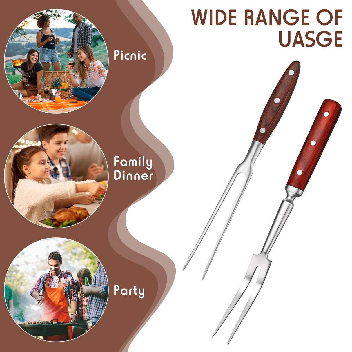 Patelai 2 Pcs Carving Meat Forks 12 in and 14 in Stainless Steel Serving Grilling Beef Forks with Wooden Handle for Kitchen Large Cooking Forged Set for Home Family Party Roast BBQ Accessories tools Patelai