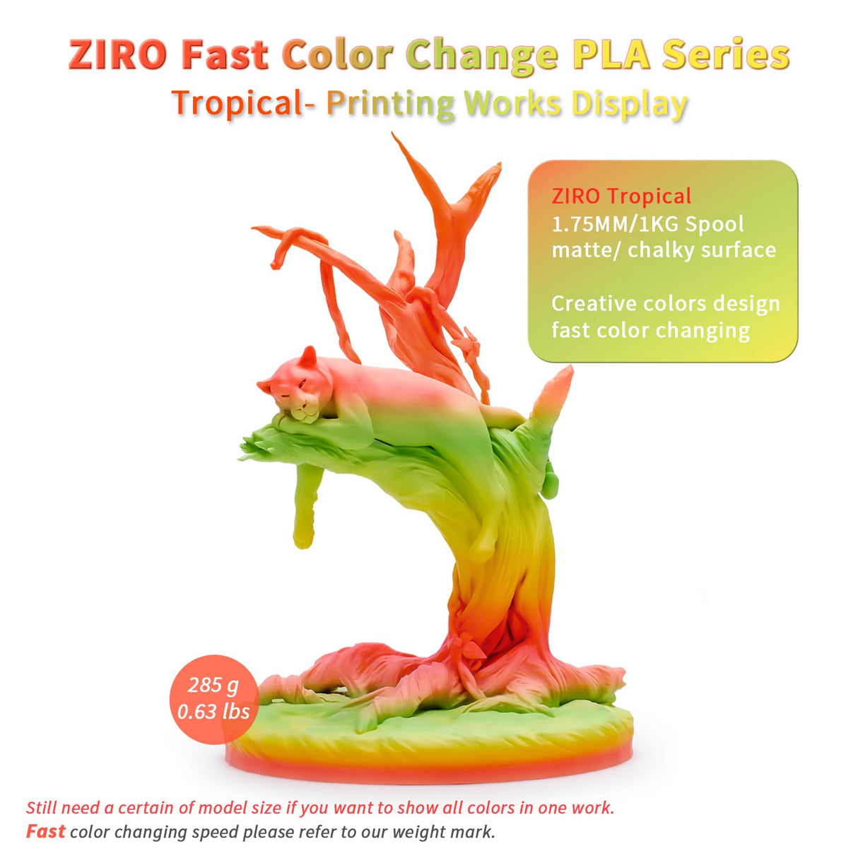 ZIRO 3D Printer Filament, Faster Color Change Filament 1.75mm, Color Gradient Material, No-Shine Rainbow PLA, Dimensional Accuracy +/- 0.03mm, Fit Most FDM Printer 1KG Spool, Tropical (Matte) ZIRO