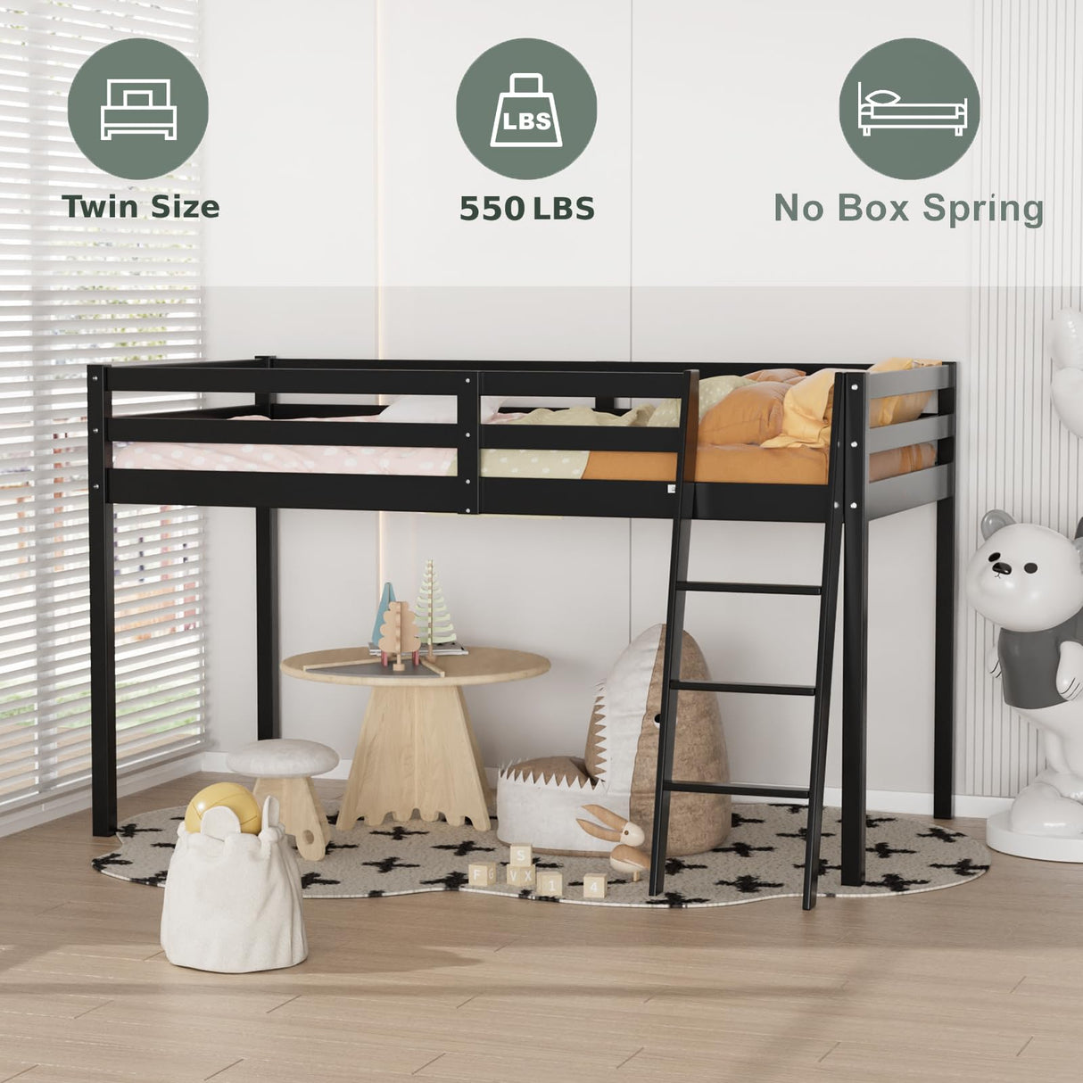 VINGLI 47'' Black Junior Low Loft Bed with Stairs - Sturdy Twin Size Frame for Kids and Teens VINGLI