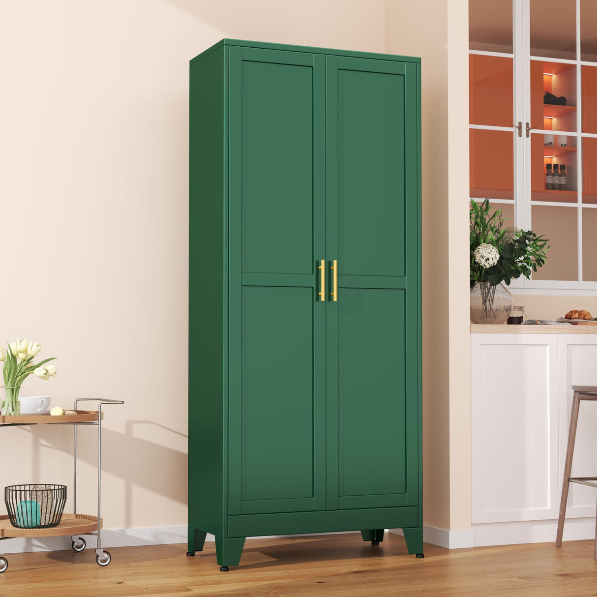 pozdeg 75” Tall Pantry Cabinet, Metal Kitchen Storage Cabinet with 2 Doors and 5 Adjustable Shelves, White Storage Cabinet Cupboard for Kitchen, Dining Room, Living Room and Bathroom (Green) pozdeg