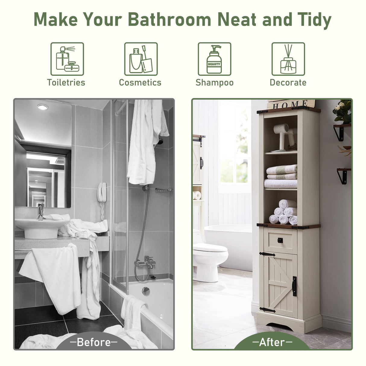 OKD Rustic Oak Tall Linen Tower with Adjustable Shelves and Storage Drawer in Antique White OKD