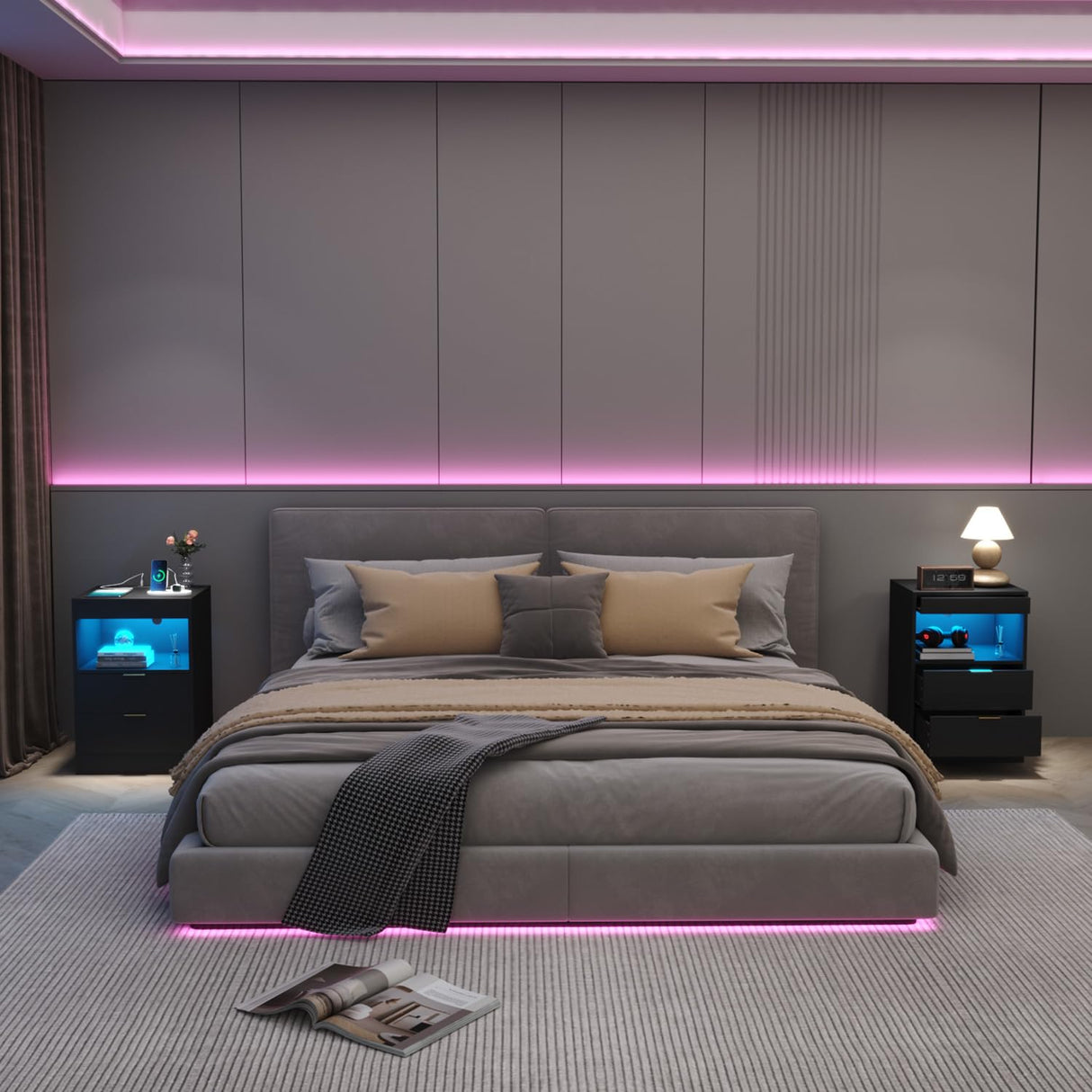 Gadroad LED Nightstand with Charging Station, Bedside Table with 3 Drawers and LED Lights, End Table Sofa Couch Side Table with Pull-Out Shelf, Black Gadroad