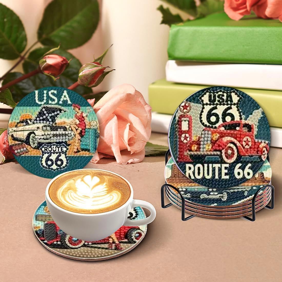 Mrnsiet 8 Pcs Car Diamond Art Coasters Kits for Adults, Highway Landscape Diamond Painting Coaster with Holder, Non Slip Hardwood Bases Coaster Set Gift for Beginners 4x4 Inch Mrnsiet