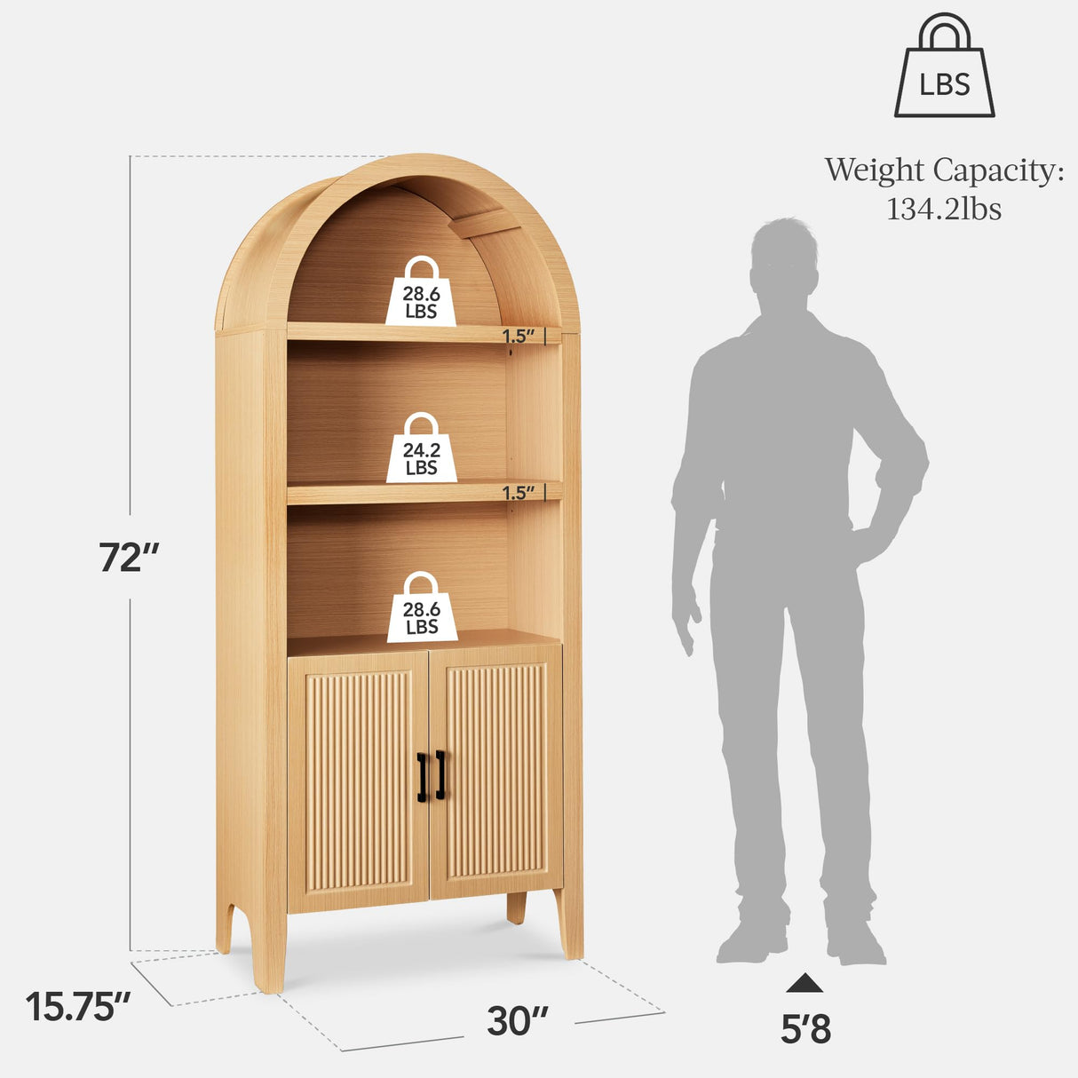 Best Choice Products 72in Tall Arched Pantry Cabinet w/Doors, 5-Tier Bookshelf, Armoire, Hutch, Bookcase, Storage Cabinet w/Adjustable Shelves - Natural Oak Best Choice Products