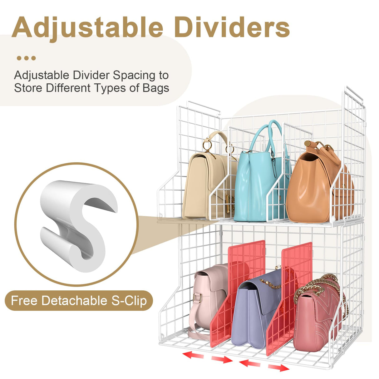 Purse Storage Organizer for Closet : Adjustable 2-Pack Dividers Handbag Organizer - Stackable Wire Handbags Storage Baskets -Open Cabinets Wallets Tote Chain Bags Clutches -White Sonyabecca