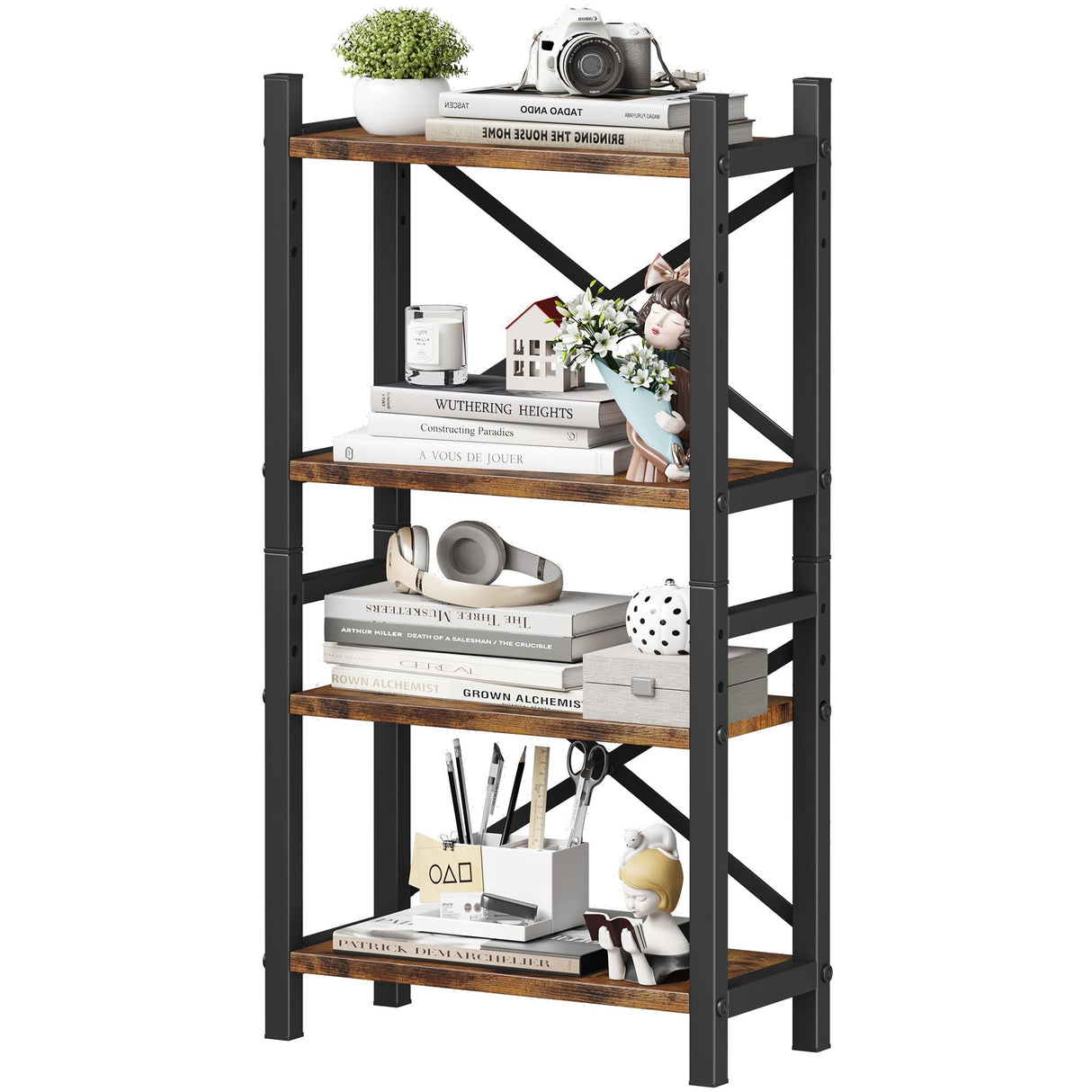 Desktop Bookshelf, 4-Tier Stackable Narrow Bookcase, Adjustable Industrial Desk Organizer & Hutch - Rustic Brown Wood Desktop Book Organizer for Living Room, Bedroom & Home Office Homeiju