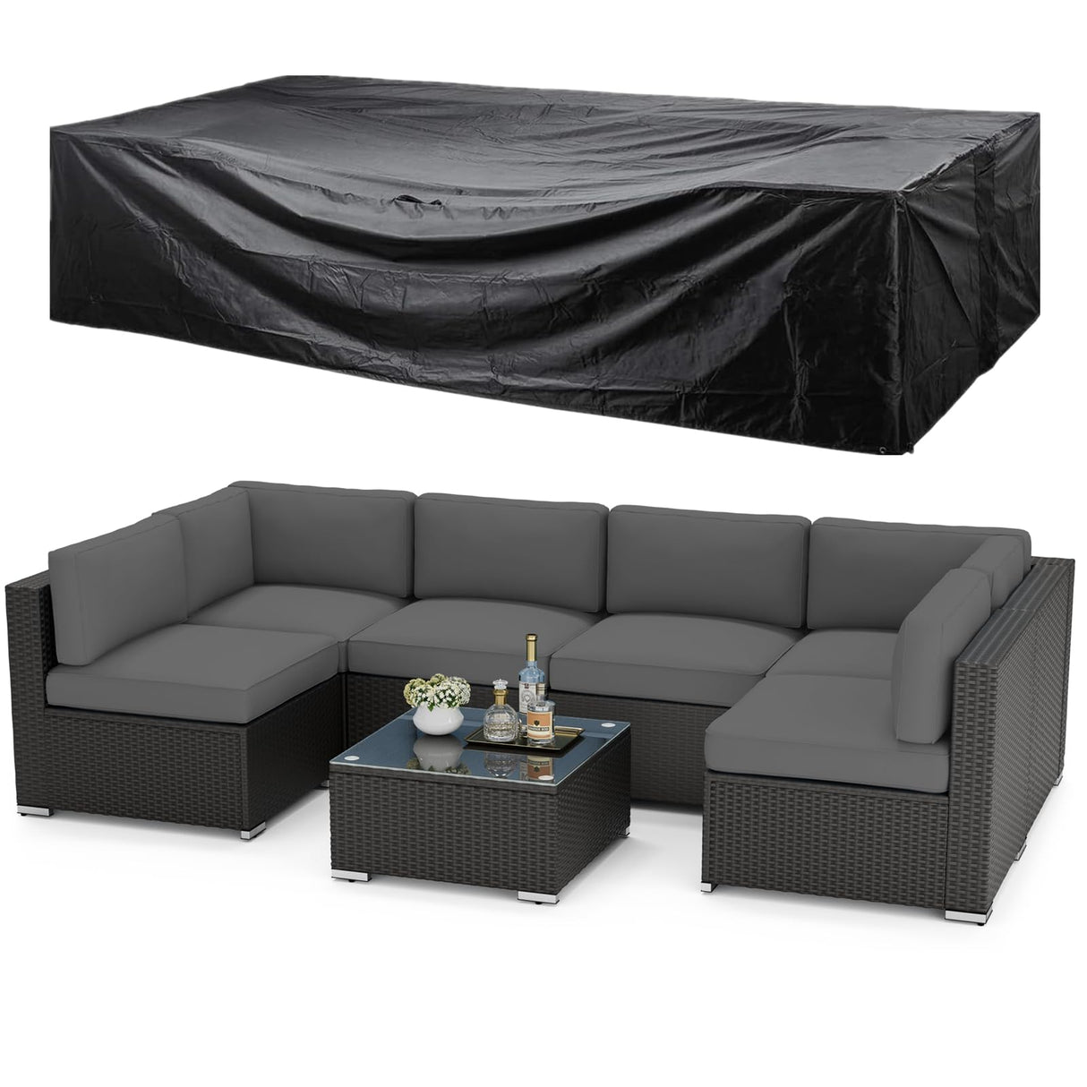 SUNCROWN 7-Piece Outdoor Patio Furniture Sofa Set All-Weather Wicker Sectional Conversation Set with Modern Glass Coffee Table, Cushions and A Waterproof Cover (Grey) SUNCROWN