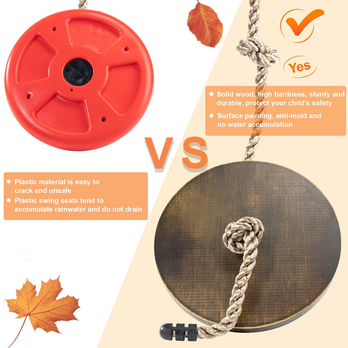 Yangbaga Wooden Round Disc Rope Swing 51”-73” Adjustable Climbing Rope Tree Swing with Hanging Strap Snap Hook and Felt Protectors for Kids Outdoor Brown Yangbaga