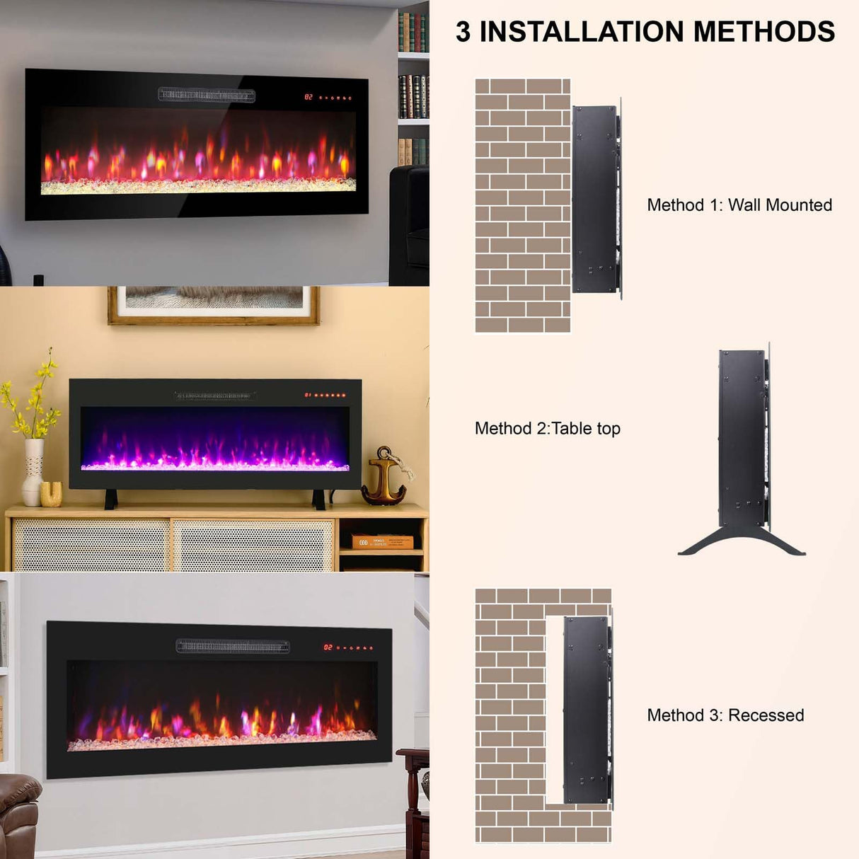 36 Inch Ultra-Thin Electric Fireplace, Recessed and Wall Mounted Fireplace, LED Light Heater with Remote Control, Tempered Glass Front Electric Fireplace with Multi Color Flame & Emberbed (36 inch) FTOPBTB