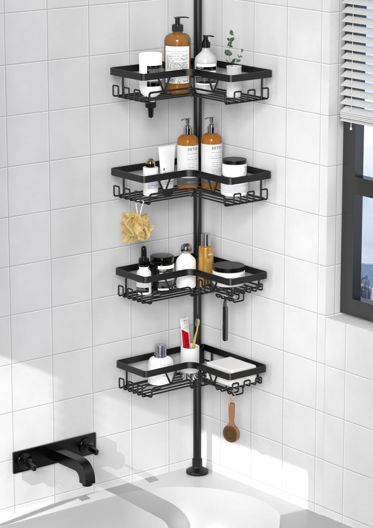 KEGII Corner Shower Caddy Tension Pole - Shower Tension Rod Organizer, Floor to Ceiling Shower Caddy 25-114.2 inch, Towel Rack Corner Waterproof, Black KEGII