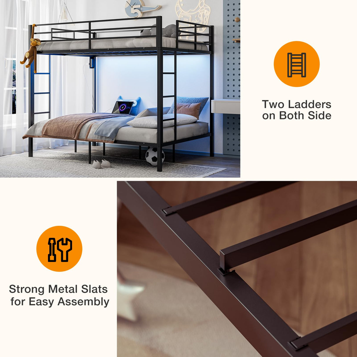 IKIFLY Full Over Full Bunk Beds with LED Lights and Charging Station, Heavy Duty Metal Full Size Bunk Bed Frame, Safety Guardrail & 2 Ladders, Space-Saving Design, No Box Spring Needed, Black IKIFLY