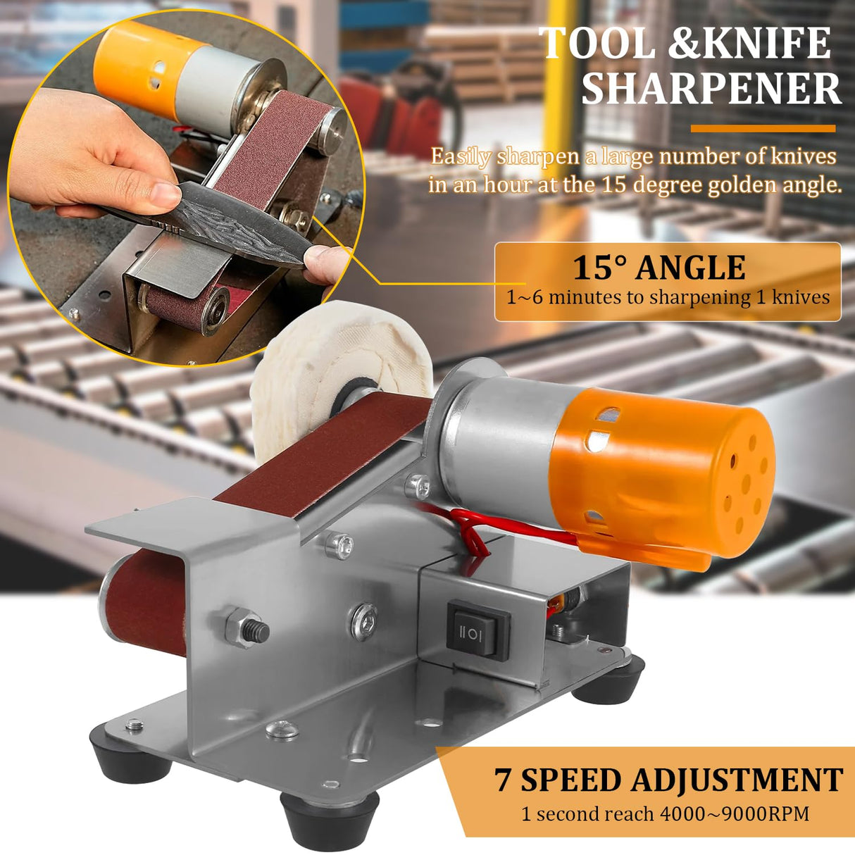 Mini Belt Sander Electric Bench Grinder Sanding Machine 7 Adjustable Speed Grinder Polisher 15 Degree Knife Knife Sharpener for DIY Woodworking,Metal Working,Knife Making,jewelry Making Savildo